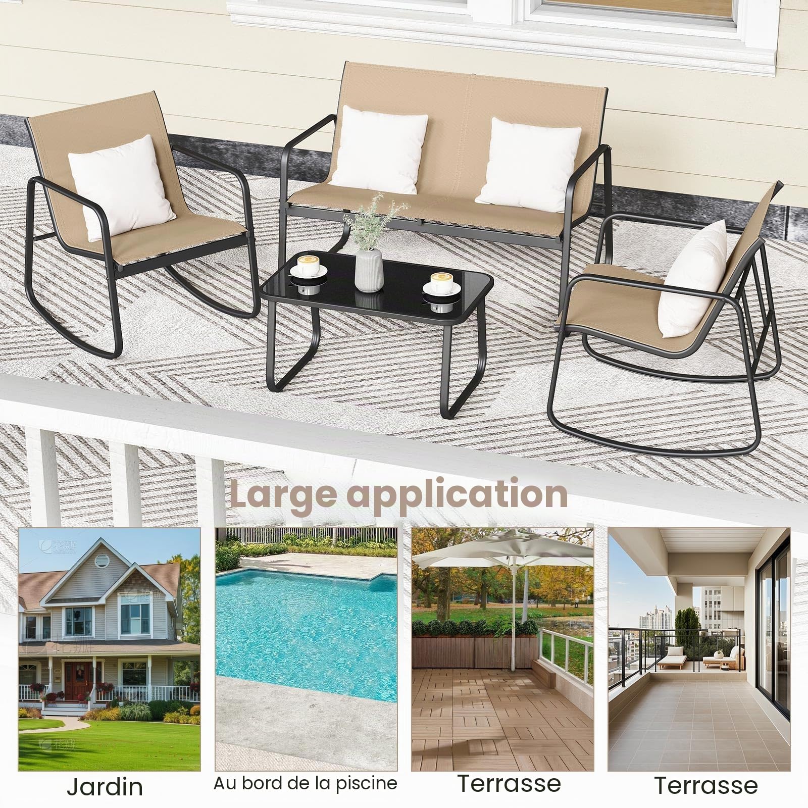 GIANTEX Salon de Jardin 4 Personnes, Table Extérieure avec 2 Chaises à Bascule en Tissu Respirant, 1 Canapé, Table Basse en Verre, Mobilier Jardin pour Balcon, Cour, Piscine (Marron)