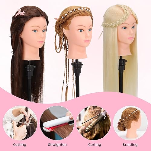 Miniatura 5 de Cabeza de maniquí con 80% cabello humano y trípode ajustable para cabeza de maniquí  Muñeca de práctica de cosmetología de 28 pulgadas para