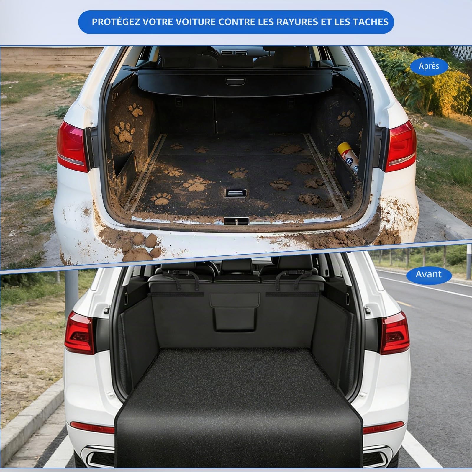 Protection Coffre Voiture pour Chien avec Boucle Réglable, Tapis, Couverture Universelle de Coffre Voiture, 185×105 cm
