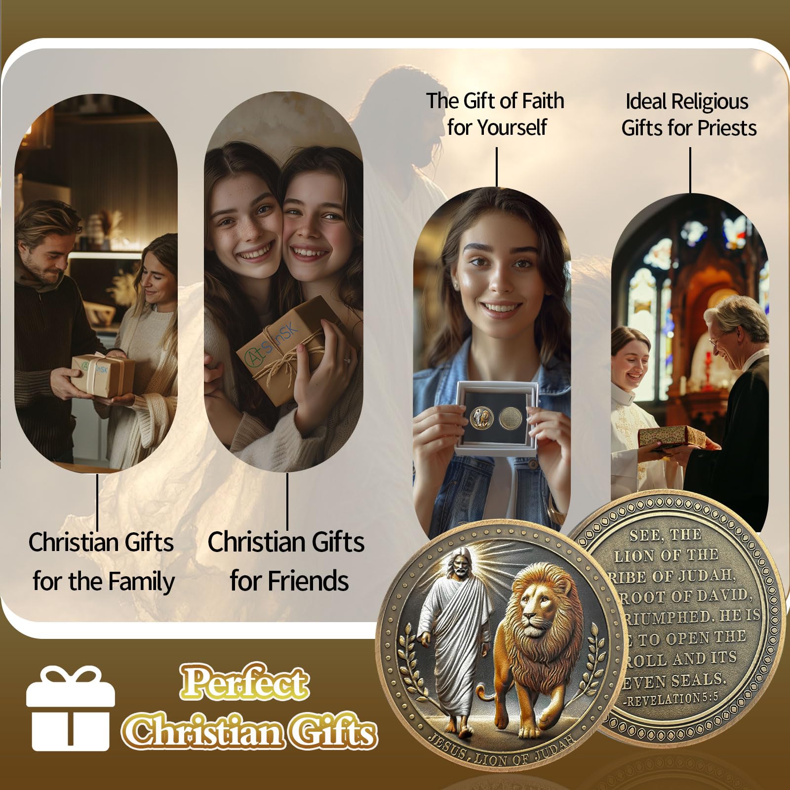 Jesus and Loin Christian Challenge Coin, Revelation 5:5 Bible Verses Coin – Bronze Christian Prayer Pocket Token – Religious Gifts for Men Women