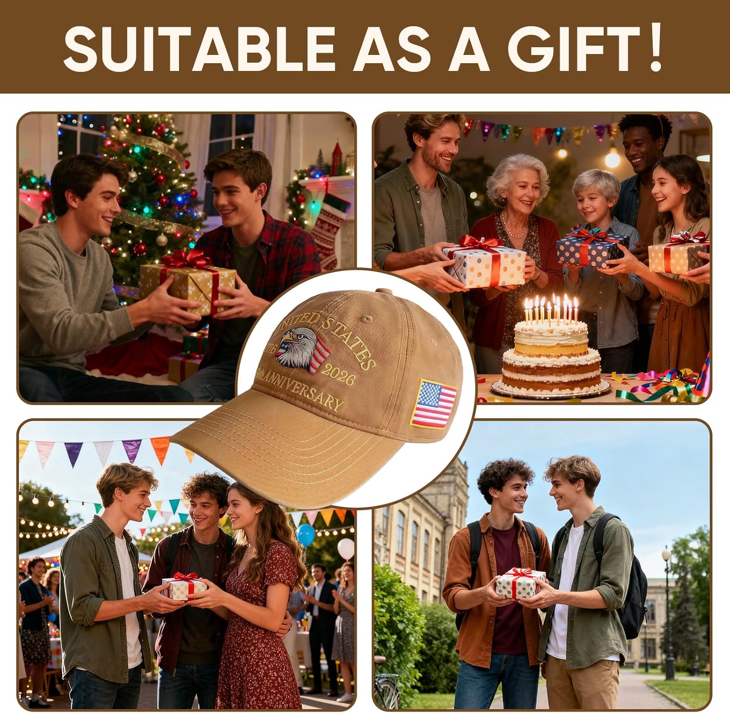 250th American Anniversary Hat, Adjustable USA Baseball Cap for Men & Women, Commemorative Eagle Embroidery Heritage Cap Khaki - Image 6