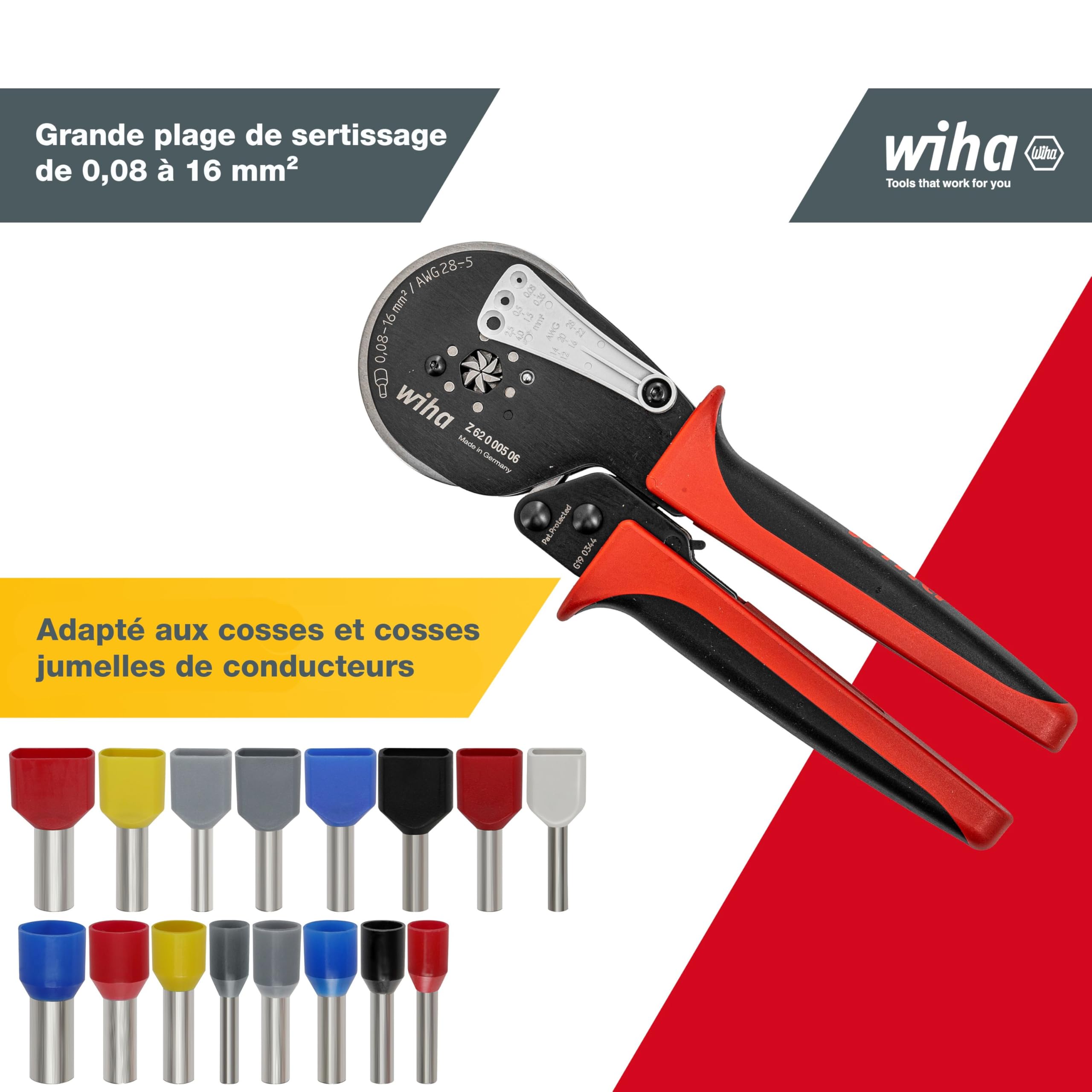 Wiha Pince à sertir professionnelle avec ajustement automatique pour embout de câble 0,08 à 16 mm² (41246) Sertissage de cosse six pans électricien | (41246) Crimping pliers I crimping tool I hexagonal crimping I ferrule pliers for electricians I electric