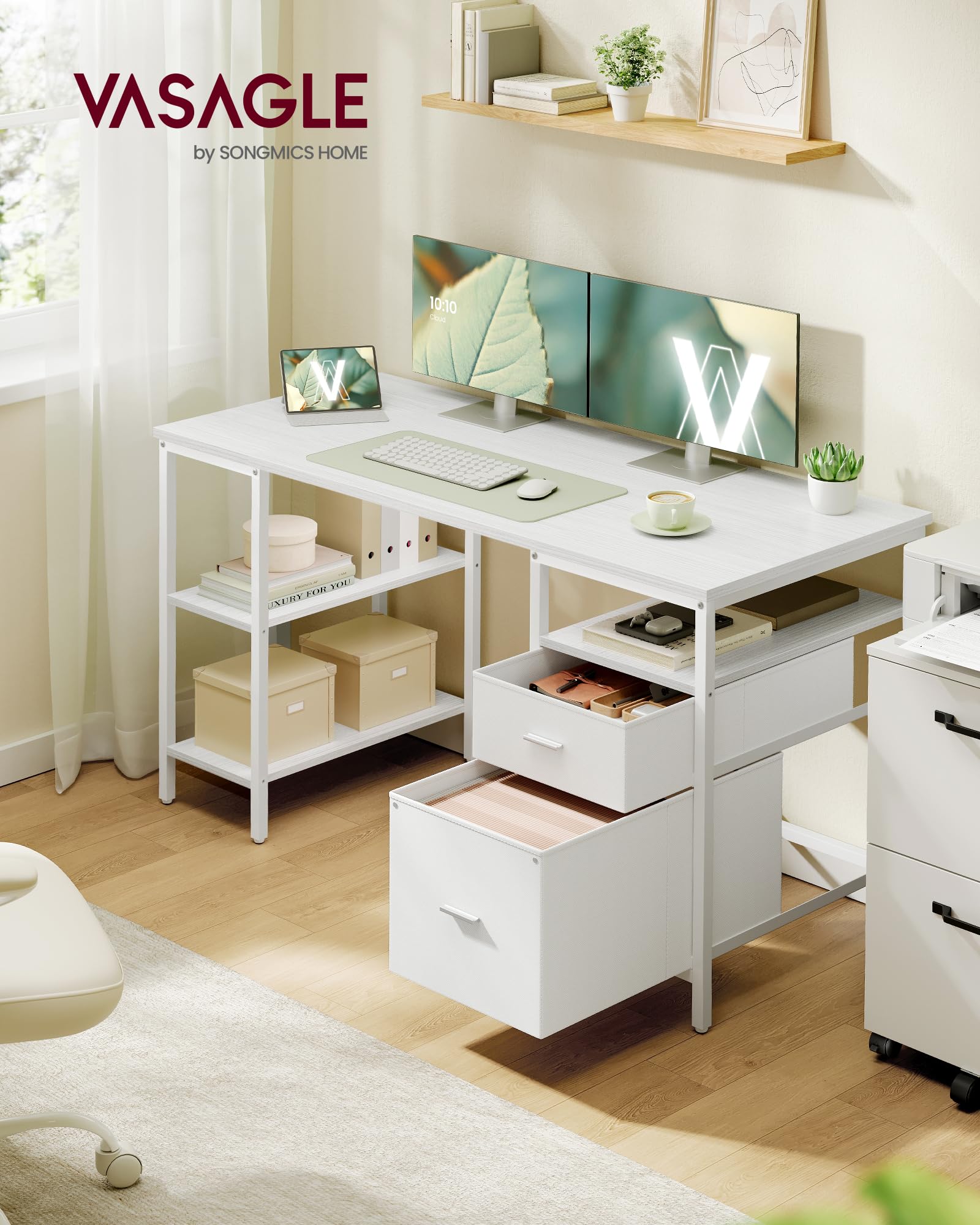 VASAGLE Scrivania per Computer, Tavolo da Ufficio, Scrivania con 3 Ripiani, 2 Cassetti, 140 x 60 x 76 cm, per Ufficio, Soggiorno, Stile Moderno, Bianco Acero e Bianco Nuvola LWD104WF01