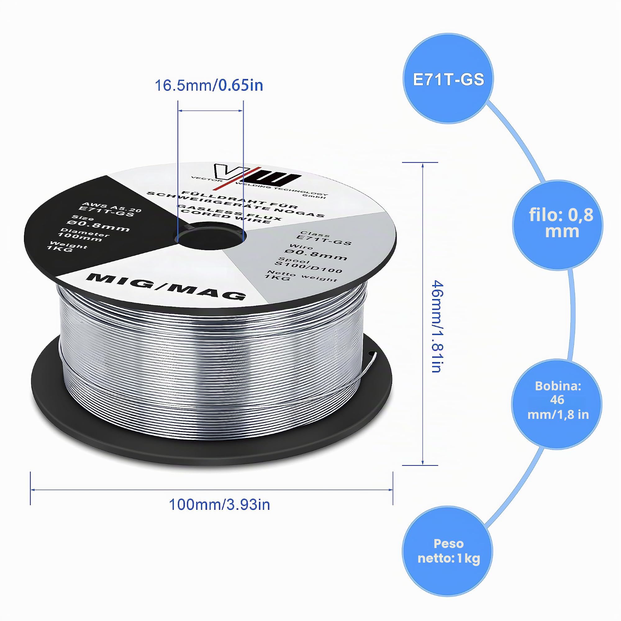 VECTOR Filo Animato No Gas 0.8mm 3KG Filo Saldatrice E71T-GS Bobina Filo Animato per Saldatura Universale D100 MIG MAG per Saldatrice, 3 Pezzi, 1KG per Rotolo