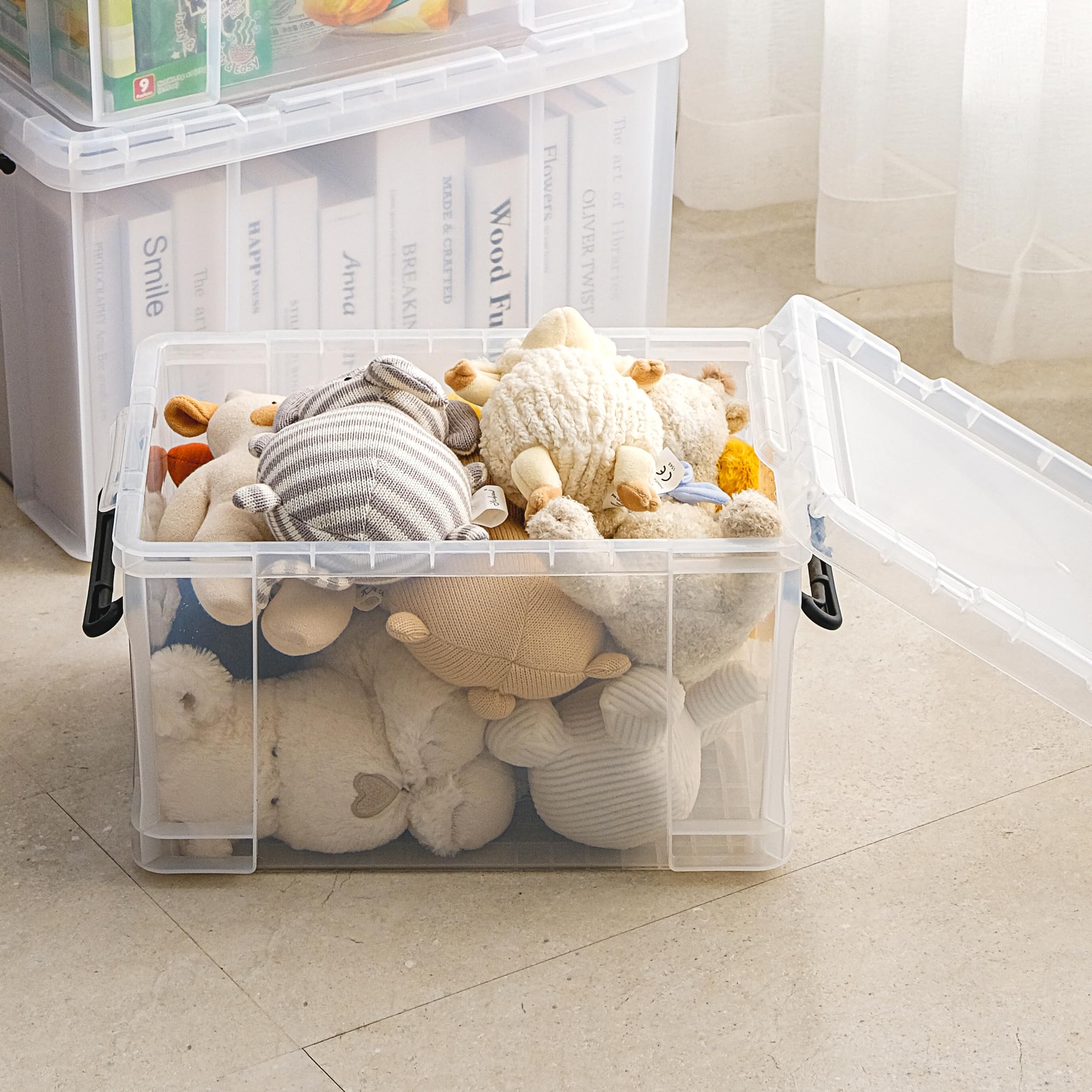 Cetomo 35L x 3 opbergdozen, stapelbare opbergdoos met deksels, zware container met deksel met versterkte hoeken, verticale zijden en clipsluiting, duurzaam, kunststof, helder, 35L-3Pack