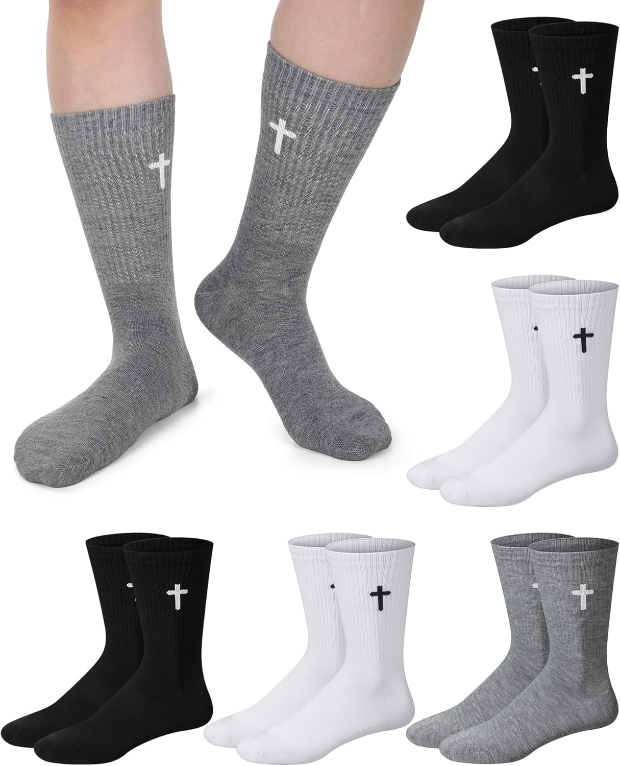 Shihanee 6 Pairs Cross Socks for Men Ribbed Knitted Christian Crew Socks Faith Religious Gifts for Friends Co Workers