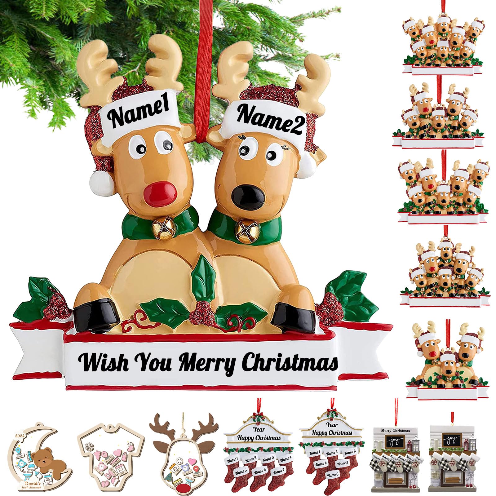 Personalised Christmas Ornaments Custom Reindeer Ornaments Family of 2/3/4/5/6/7/8 Ornament with Names Ceramic Xmas Tree Decorations Gifts Family of 2