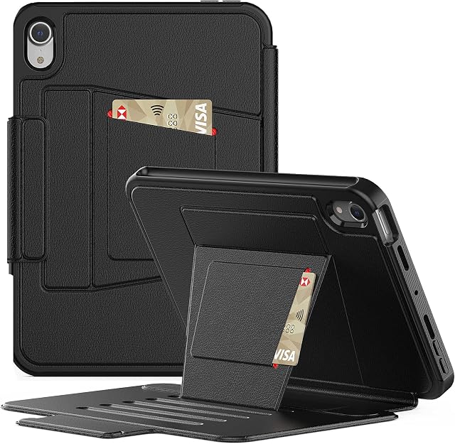 SEYMAC Case for iPad mini 6th Generation 2021 (8.3 inch) , Slim Shockproof Full Body Protective Case with Auto Sleep/Wake Magnetic Smart Cover, Card Slots, Multi-angle Stand, and Pencil Holder - Black