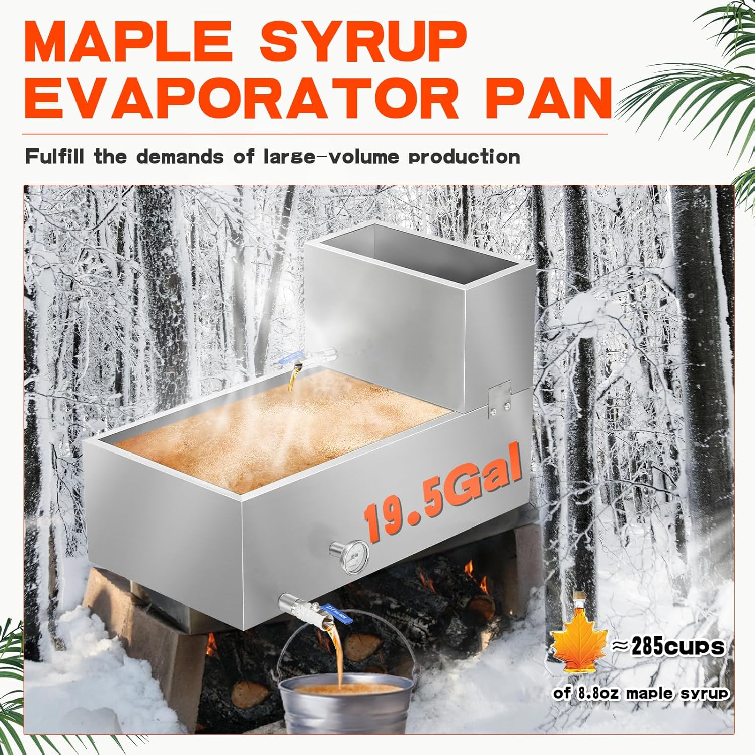 Maple Syrup Evaporator Pan, 19.5 Gal 304 Stainless Steel Maple Syrup Pan, 30 x 16 x 18.7 Inch Boiling Maple Evaporator Pan with Valve and Thermometer Feed Pan for Home, Outdoor