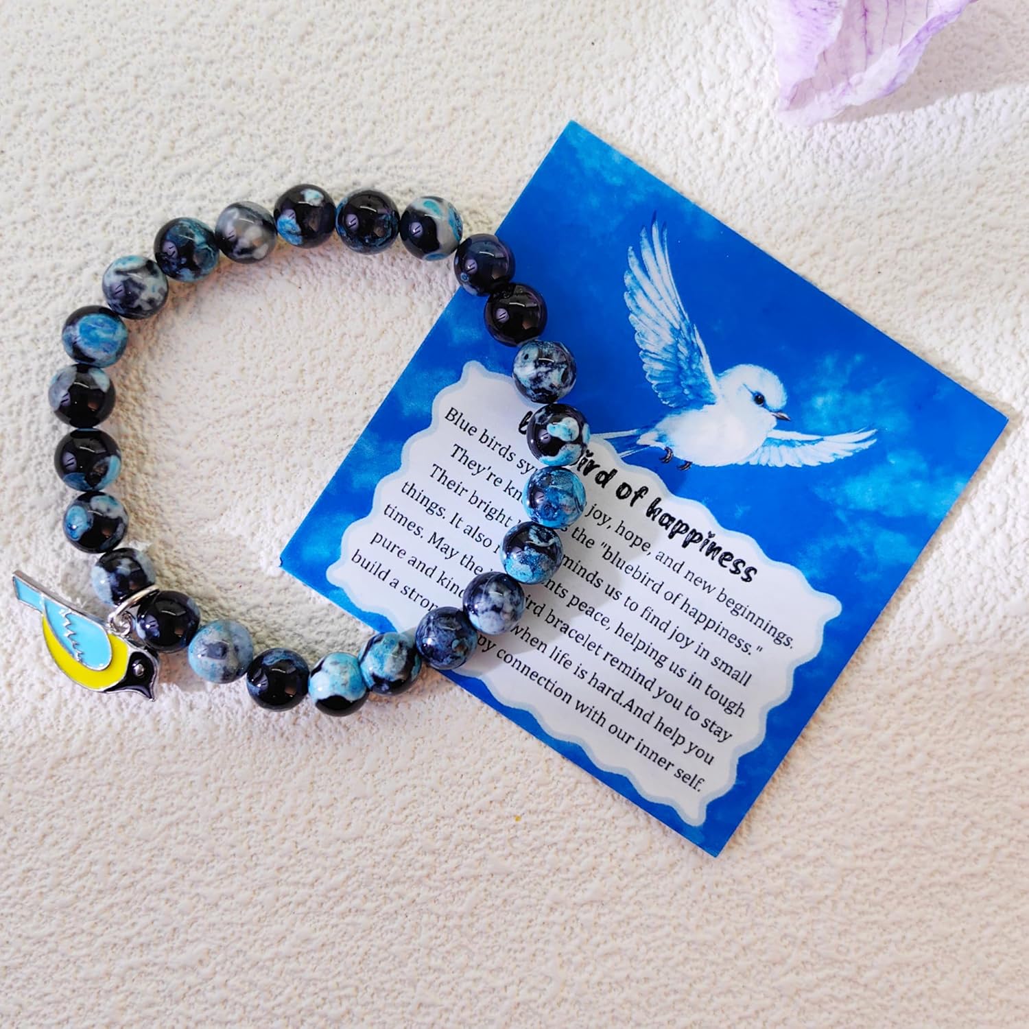 Bluebird Gifts for Women Blue Bird of Happiness Bracelet Blue Black Natural Fire Agate Beads Animal Themed Jewelry - Image 2