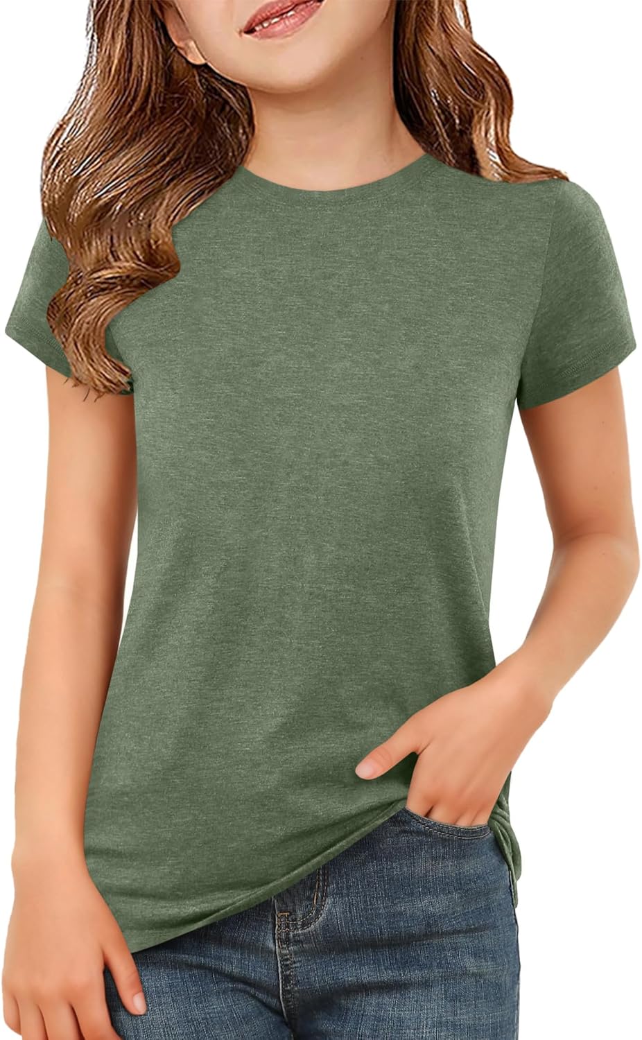 ZDC Girls Short Sleeve T Shirts Kids Summer Basic Tee Crewneck Cute Tops 5-14 Years