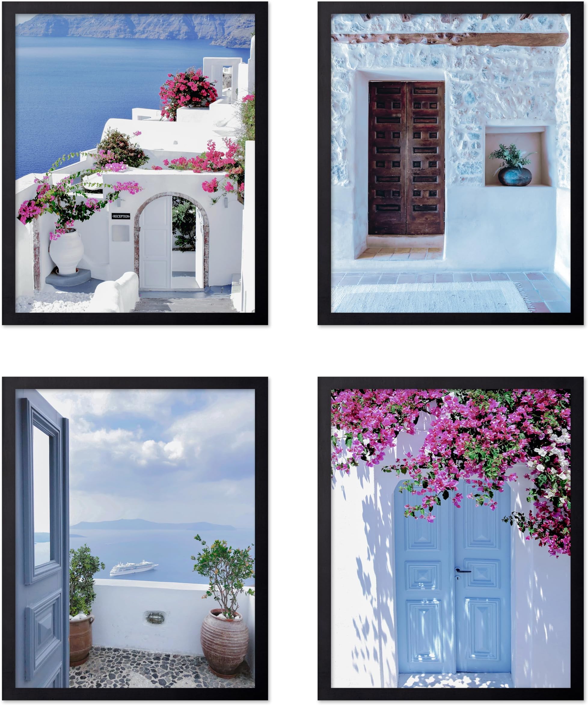 Poster Master 4-Piece Santorini Print - Beach View from the Balcony Poster - Greece Art - Travel Photography Wall Design - Floral Ocean or Beach House Decor - 8x10 UNFRAMED Wall Art