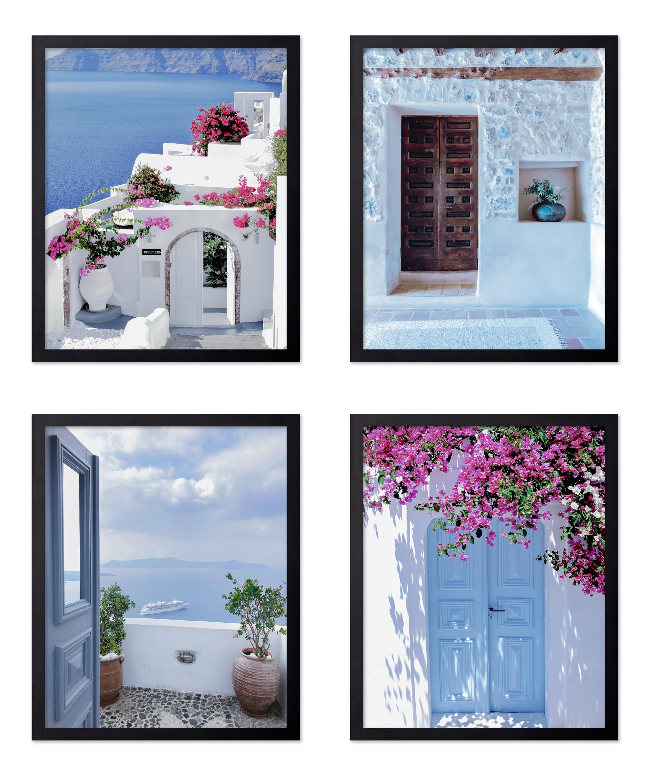 Poster Master 4-Piece Santorini Print - Beach View from the Balcony Poster - Greece Art - Travel Photography Wall Design - Floral Ocean or Beach House Decor - 8x10 UNFRAMED Wall Art