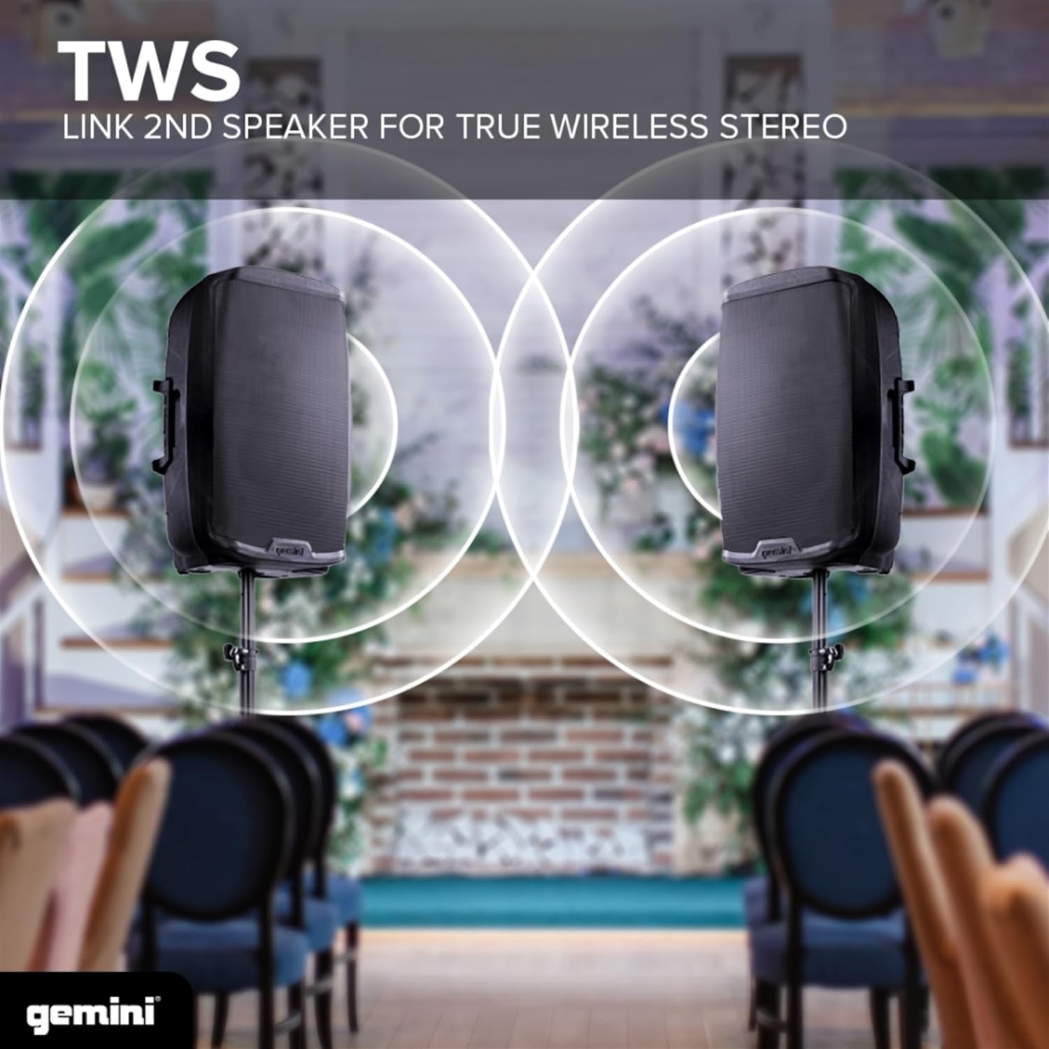 Two Gemini AS-2115BT speakers positioned for True Wireless Stereo (TWS) setup, showing sound waves emanating from both.