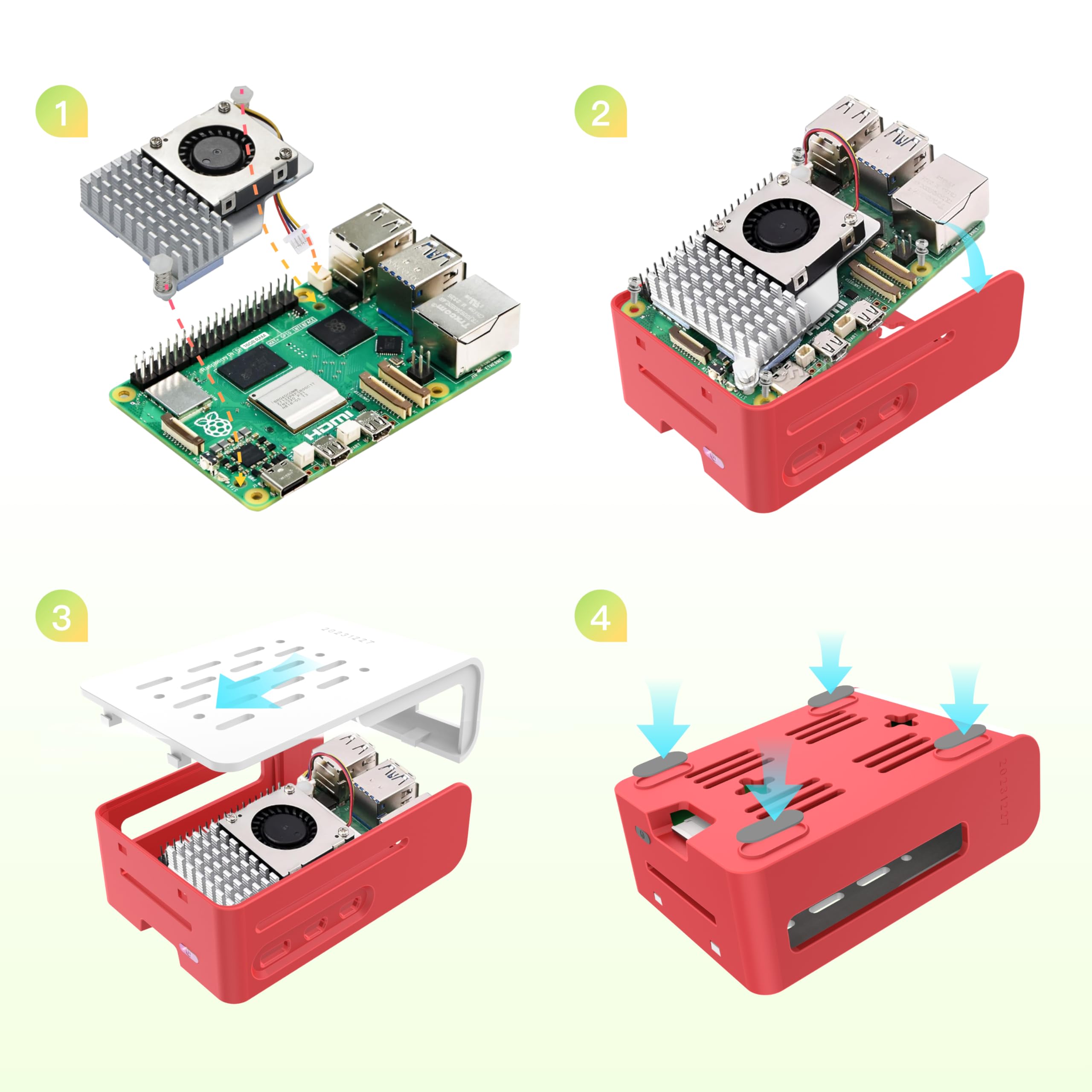 iRasptek Basic Kit For Raspberry Pi 5 16GB RAM con alloggiamento rosso e bianco e radiatore attivo