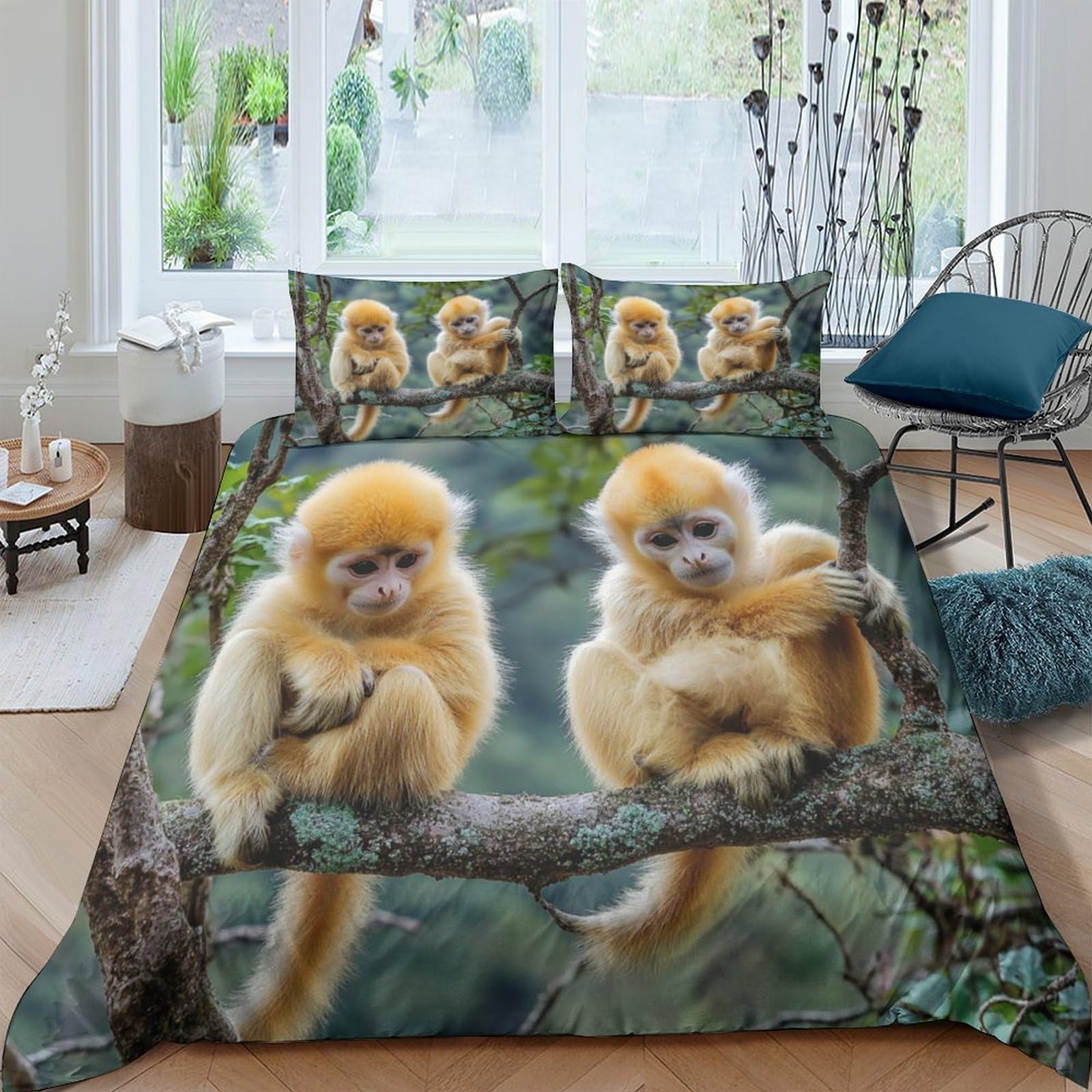 GPLZQXKJNH 3D Printed Golden Monkey Duvet Cover Microfiber Soft Breathable Forest Animal Bedding Set with 2 Pillowcases for Bedroom Decor Single（135x200cm）