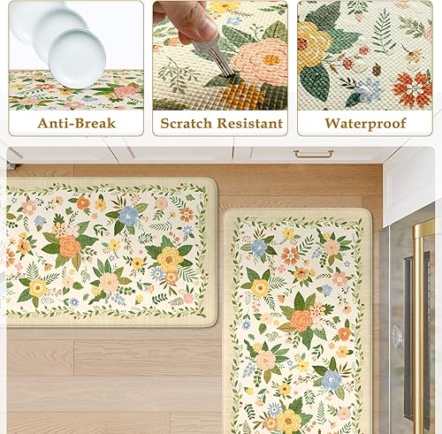 Miniatura 7 de KIMODE Tapetes de cocina para suelo antifatiga, color beige, bohemio, alfombras de cocina antideslizantes, tapetes acolchados de espuma Beige,Azul