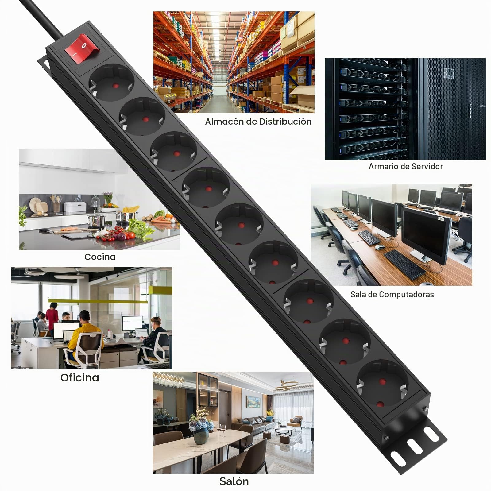 Regleta Enchufes con 9 Tomas, Enchufe Multiple, Regleta Enchufes con Interruptor, Regleta Eléctrica Rack de 19 Pulgadas, Cable de 2M, 3500W/16A para el hogar, Oficina y Viajes, Negro