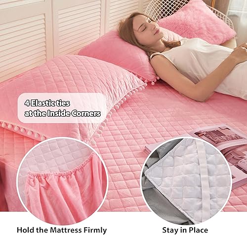 Miniatura 4 de LIFEREVO - Sábana bajera ajustable de terciopelo de lujo con diseño de diamantes, cobertura de 3 lados, 18 pulgadas, falda de cama con olanes y