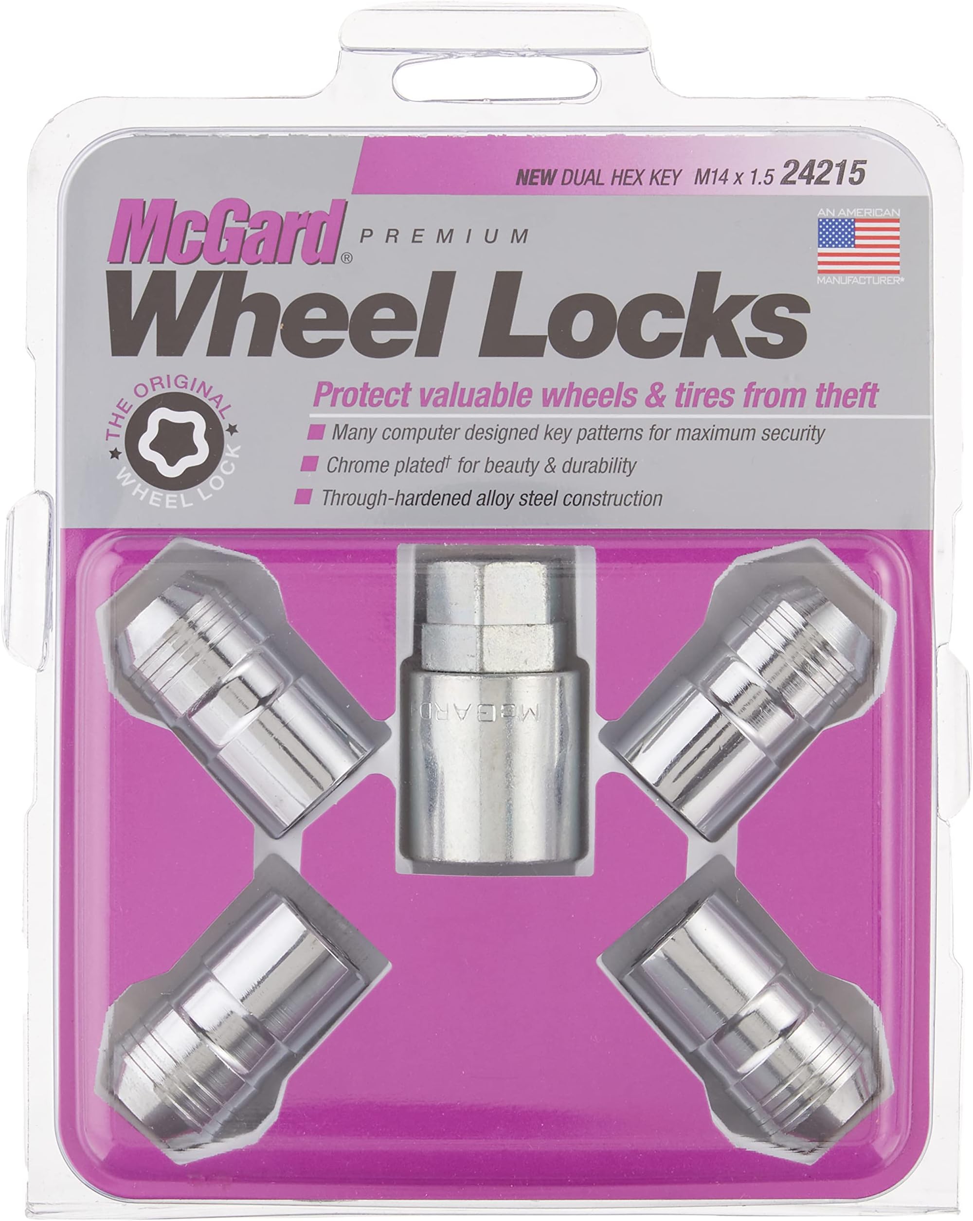 24215 Chrome M14 x 1.5 Thread Size Cone Seat Wheel Lock Set, (Set of 4)