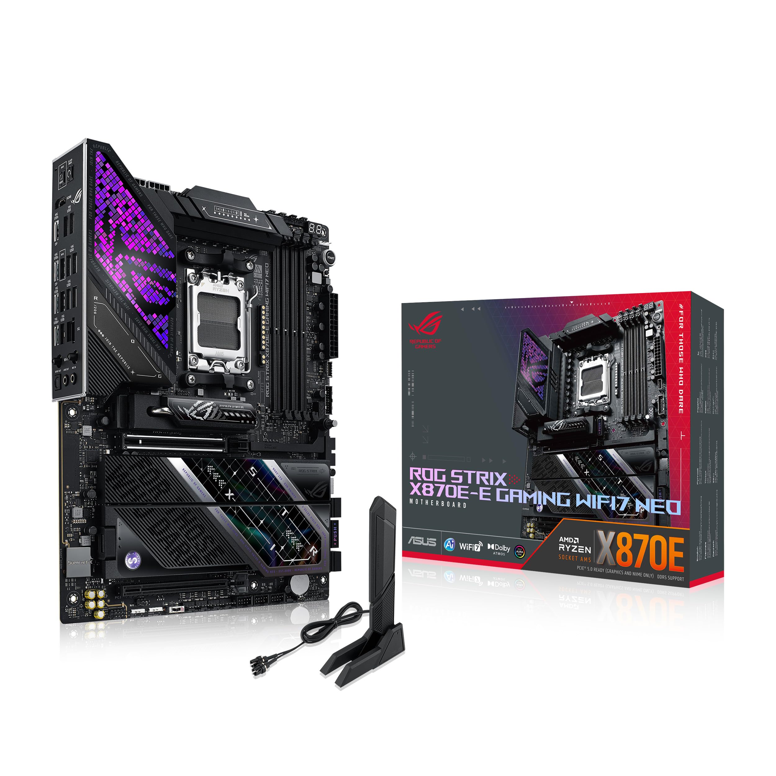 ASUS ROG Strix X870E-E Gaming WIFI7 NEO, placa base AMD ATX, 18+2+2 etapas de potencia, ranuras DDR5, cinco ranuras M.2, PCIe® 5.0 con soporte completo para GPU de próxima generación, Wi-Fi 7, USB 4