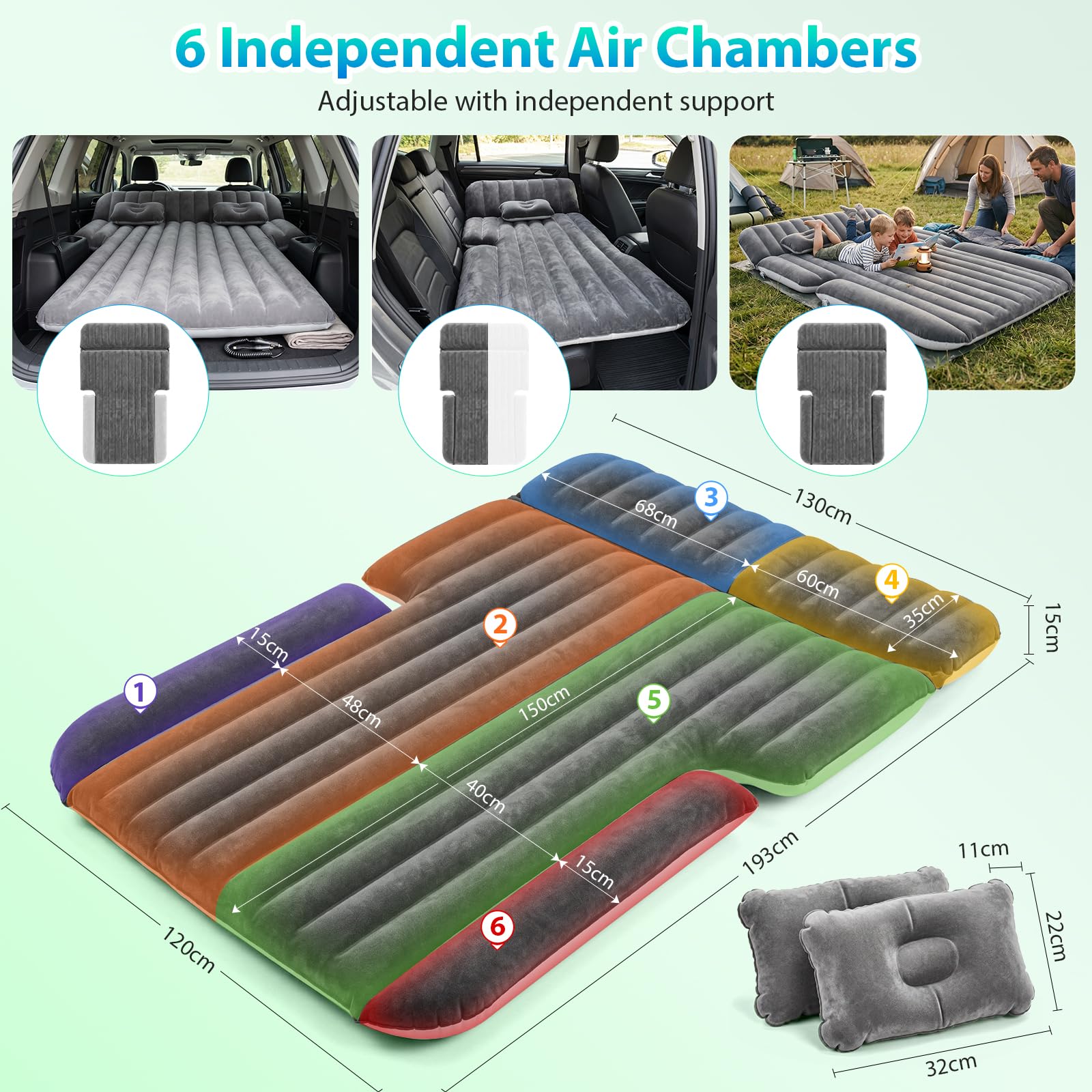 Aissom Colchón para Coche, 193 * 130cm Colchón de Vehículo, Colchón para Coche Hinchable con 12V Bomba de Aire y 2 Almohada, para Cama del Asiento Trasero del Coche y SUV, Viajes/Camping/Casa/Outdoor