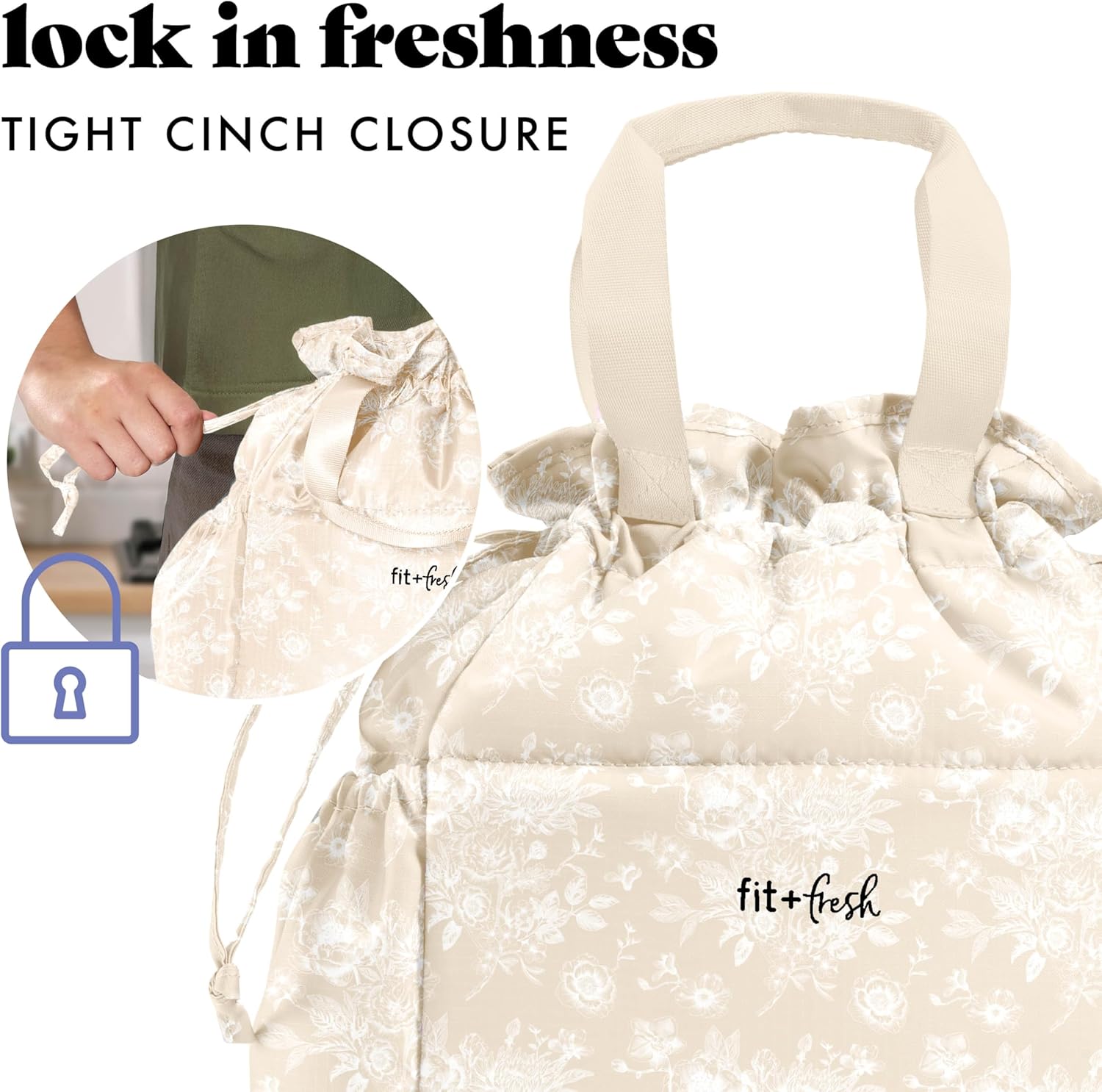 Fit & Fresh Cromwell Drawstring Lunch Bag for Women, Complete Lunch Set with 2 Containers, Stain-Resistant, Leak-Resistant, Teacher Lunchbox, Tan Floral Toile