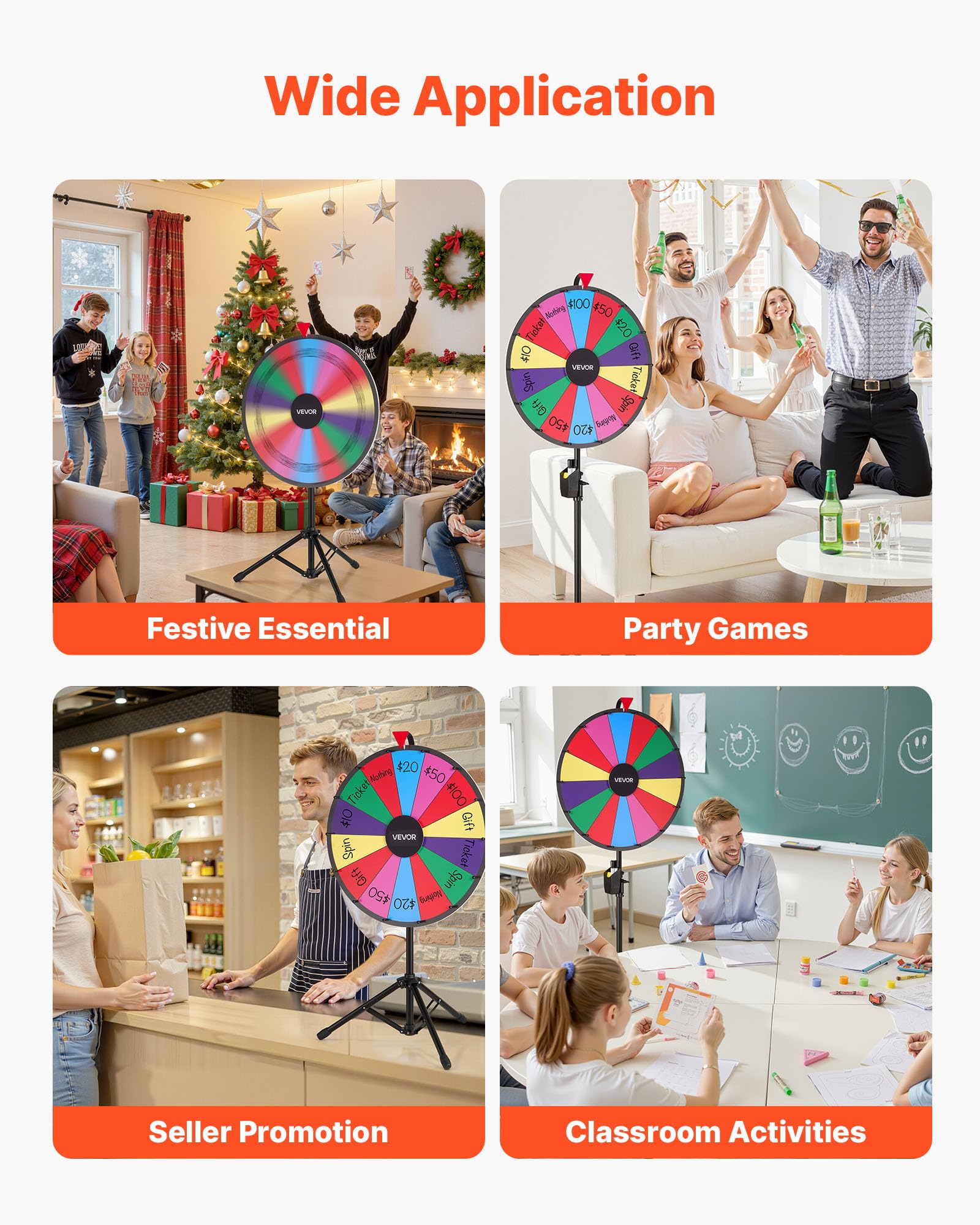 VEVOR Ruota dei Premi Girevole da 610 mm, Ruota Girevole a 14 Slot con Treppiede, Altezza Regolabile, Roulette Win Fortune con Cancellabile a Secco e 2 Pennarelli, 6 Colori, per Feste, Pub, Carnevale