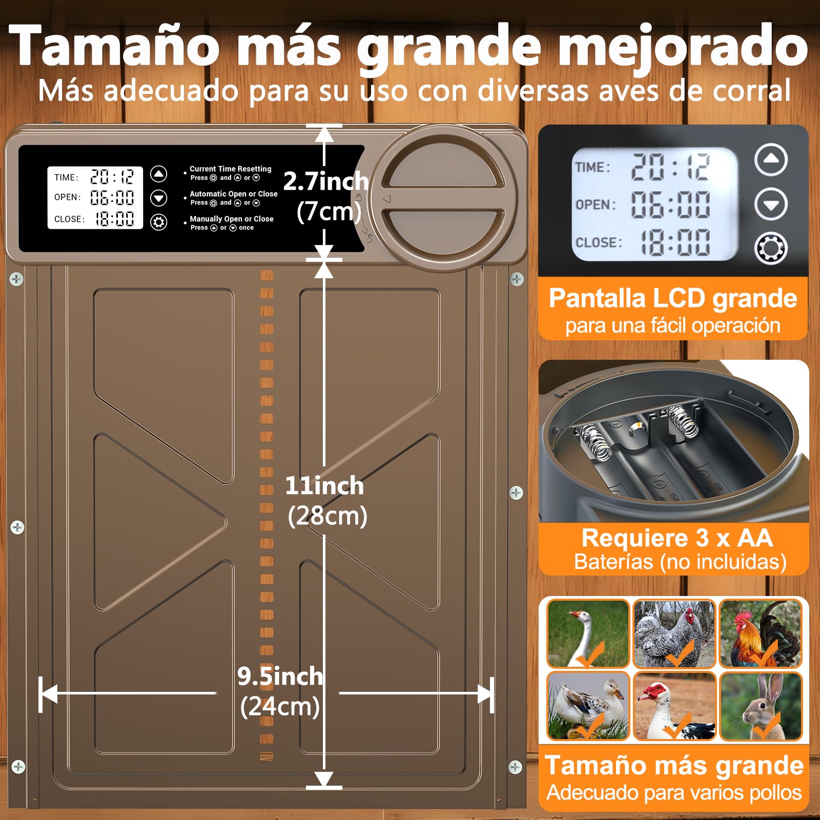 Puerta Gallinero Automatica Grande con Pantalla LCD, Puerta Automática Gallinero con Función Manual y Temporizador | Aluminio | Anti-atrapamiento, Puerta Gallinero Alimentada por Batería