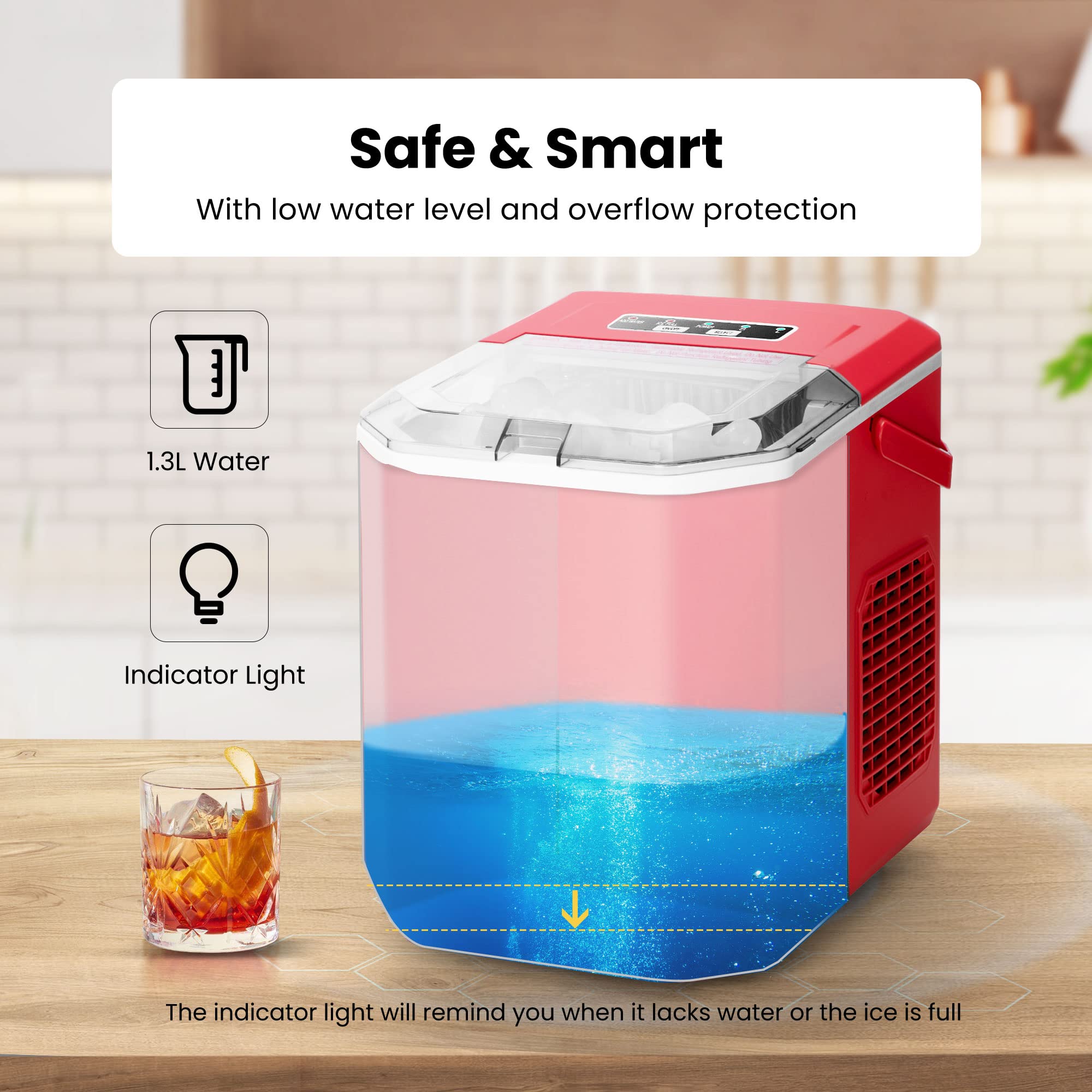VIVOHOME Electric Portable Compact Countertop Automatic Ice Cube Maker Machine with Handle Hand Scoop 10 Ice Bags and Self Cleaning Function 26.5lbs/Day Red on Fridge.com