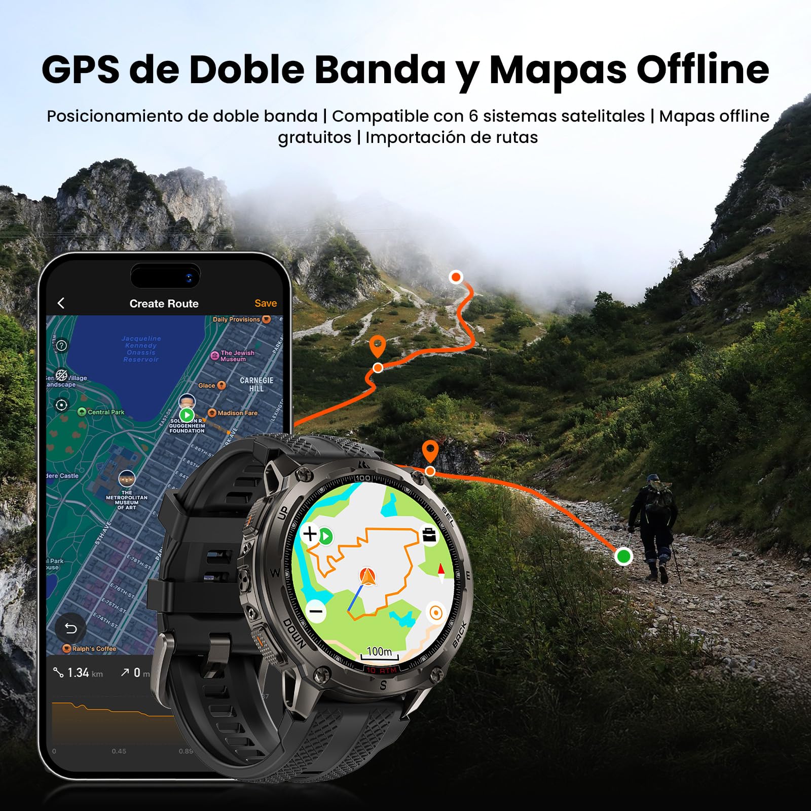 KOSPET Tank T4 Smartwatch con GPS, Acero Inoxidable, Mapas Offline, 10ATM Impermeable hasta 45 m, Batería de 50 Días, 180+ Modos Deportivos, Llamadas Bluetooth, Frecuencia Cardíaca y Sueño（Negro）