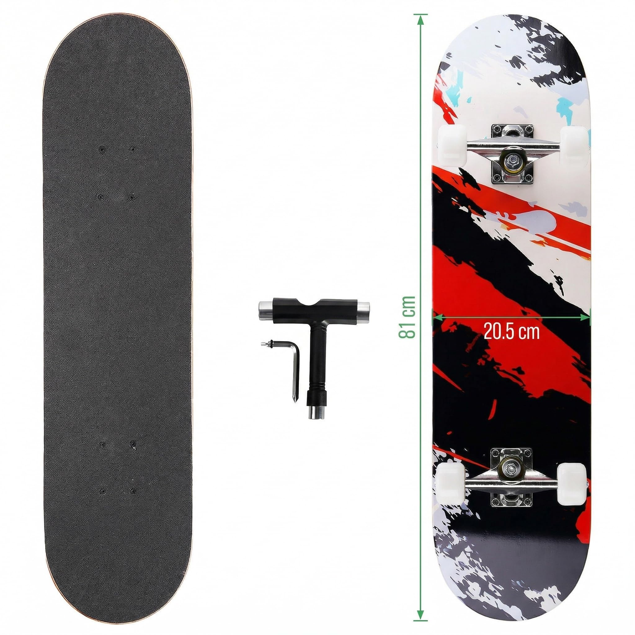 Skateboard Professionnel Double Kick,81 cm en érable, roulements ABEC-7, Roues en PU 95A, Design Graphique personnalisé (81cm, Ruines Urbaines)