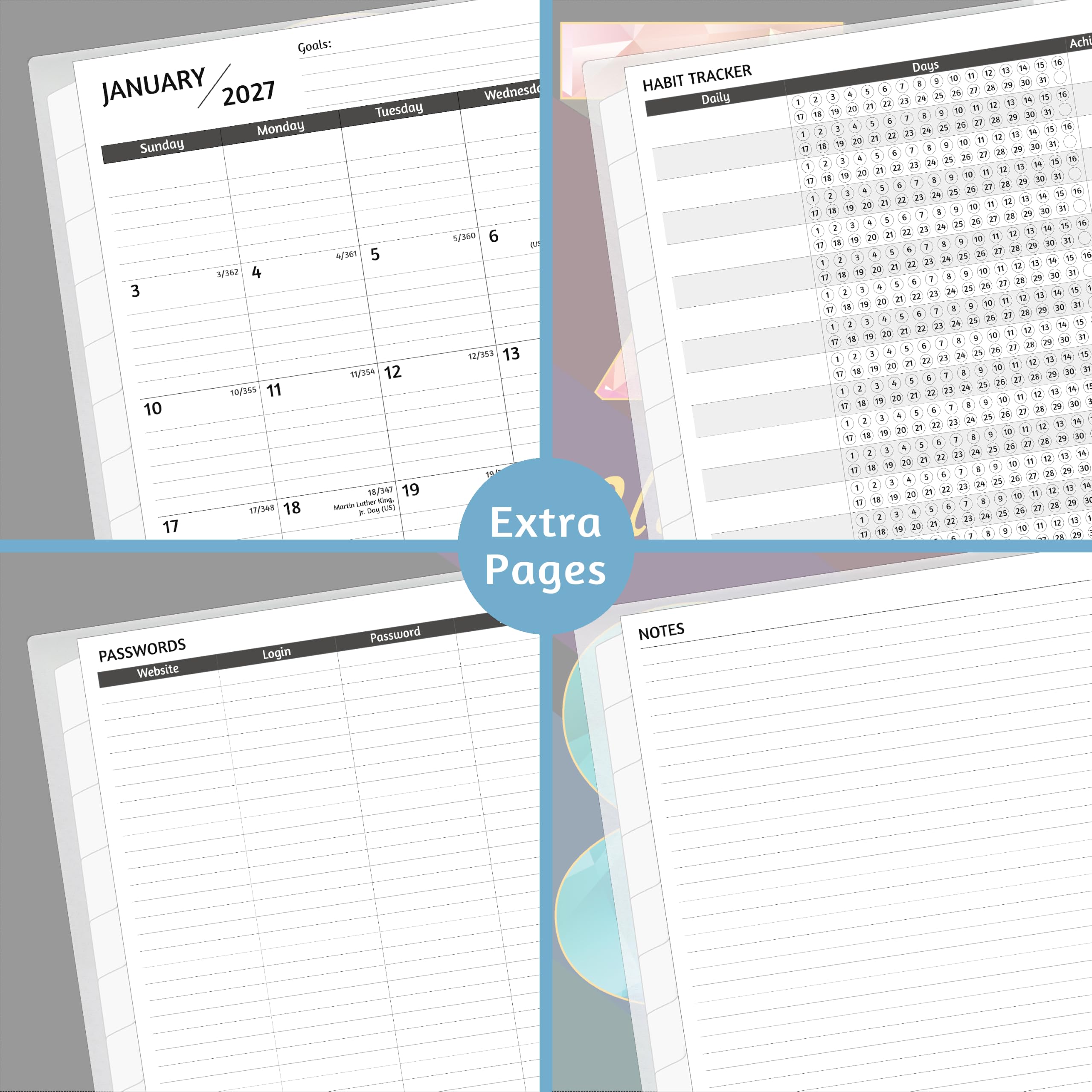Monatsplaner 2027–2028, 18 Monate, Kalender 2027–2028 von Januar 2027–Juni 2028, 21,6 x 27,9 cm, mit linierter Aufbreitung, flexiblem Einband, Spiralbindung, Tasche, beschichtete Tabs, Notizen und