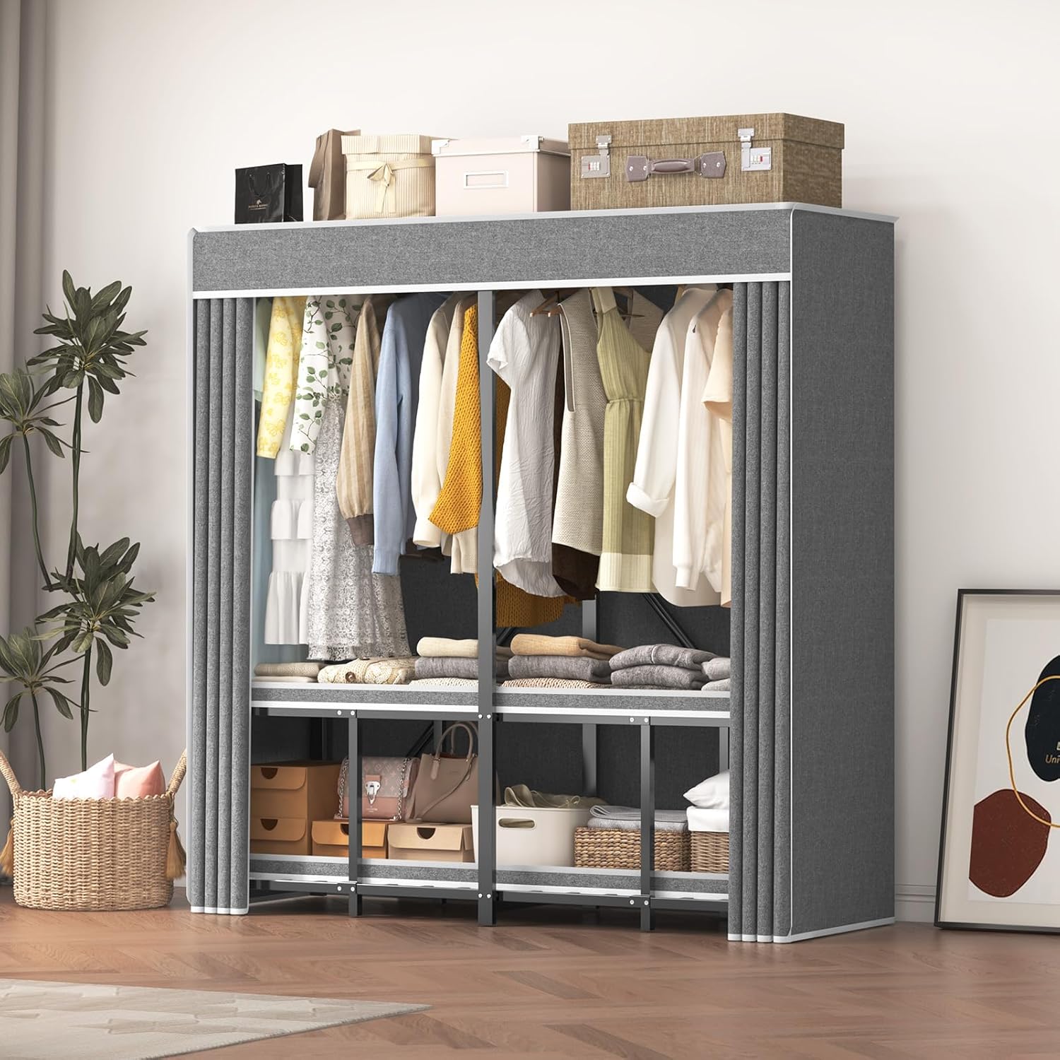 Heavy Duty Clothes Rack with Cover,71" Portable Wardrobe Closet for Hanging Clothes,Black Metal Clothing Rack,95% Assembled,71" 20.5" 69"