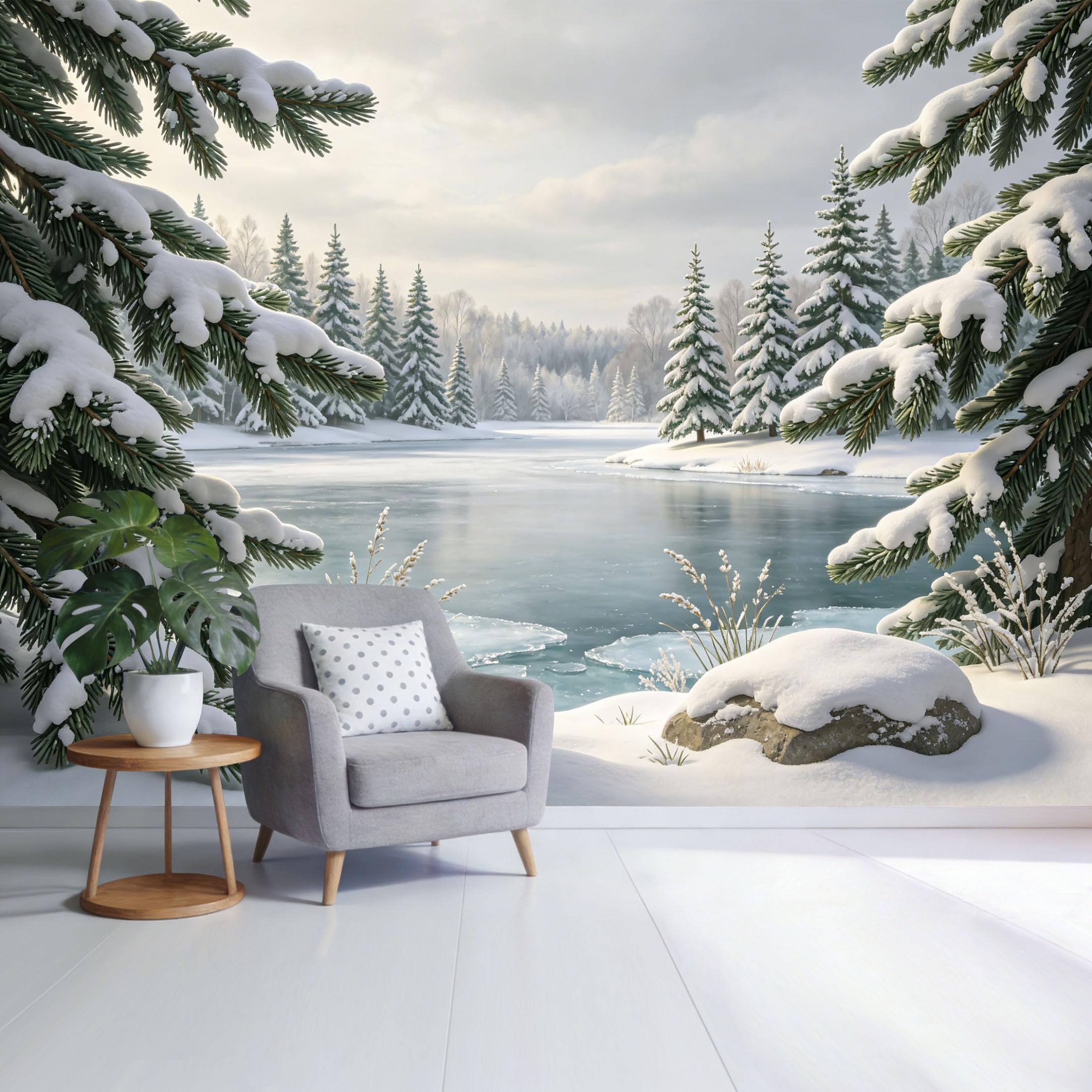 Custom Size Wall Mural Snow Covered Pine Forest Frozen Lake Landscape Winter Scenery Nature View SelfAdhesive Wall Fabric Removable Wallpaper for Home Office Decor