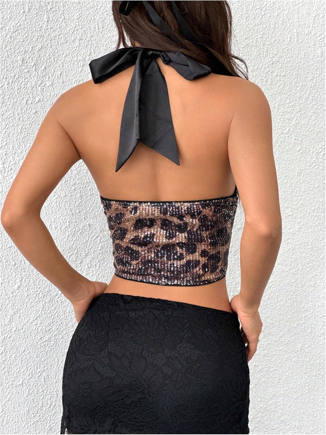 MakeMeChic Women's Leopard Print Halter Crop Tops Sequin Sparkly Lace Up Club Tank Top - Image 3