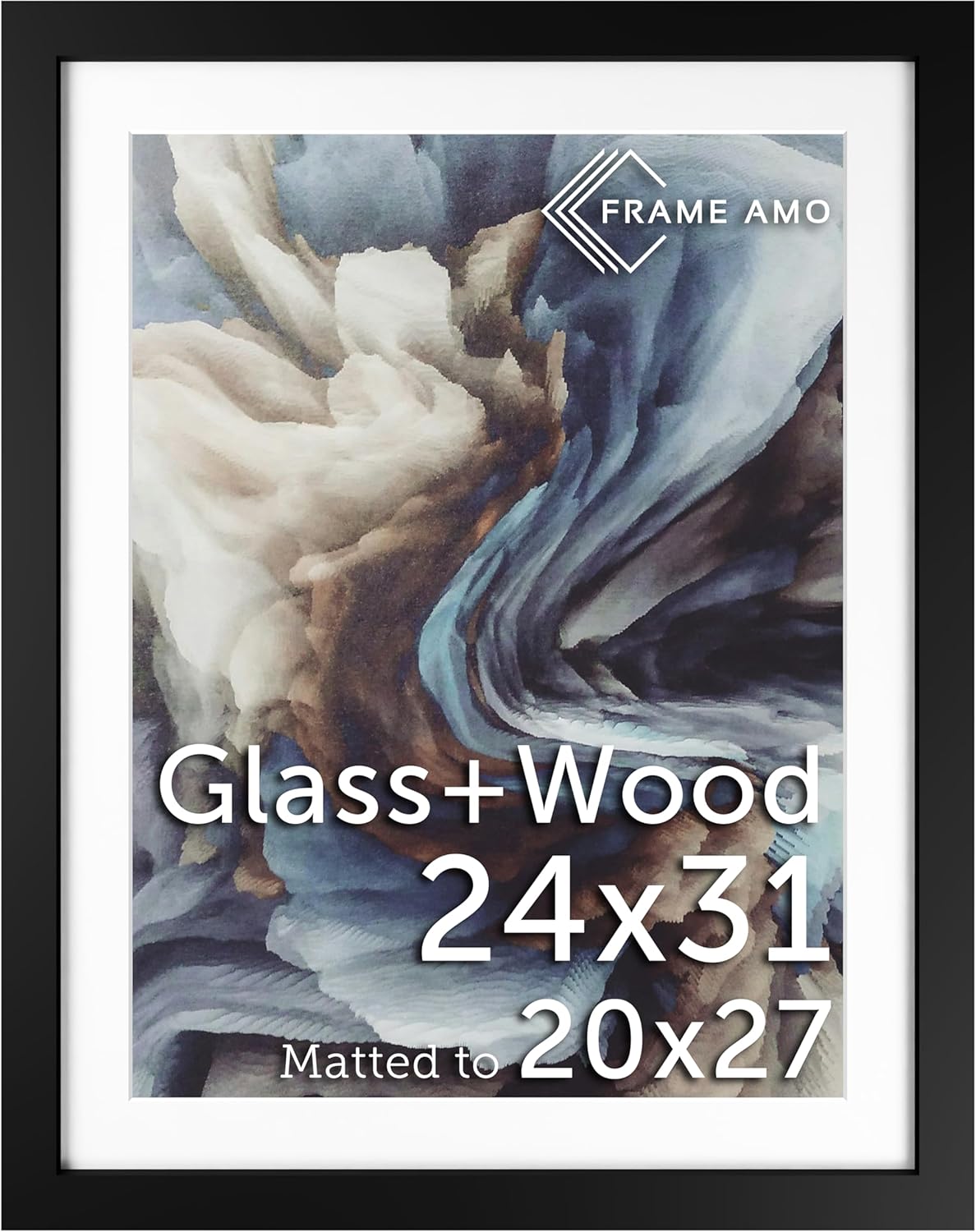 Frame Amo 24x31 Black Solid Wood Poster Frame, White Mat for 20x27 Image, Tempered Glass Front, 1.5 inch Wide, 1 inch Thick, High-End, Heavy-Duty, Gallery Grade & Acid-Free