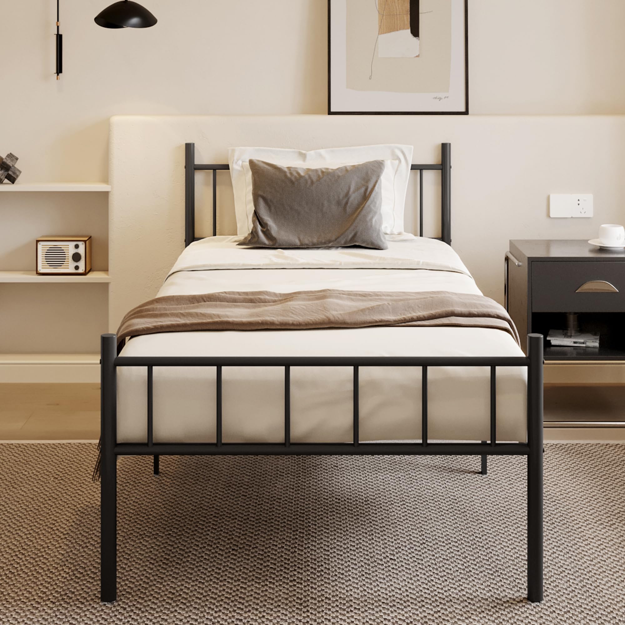 14 Inch Twin XL Metal Platform Bed Frame with Headboard,Mattress Foundation,Steel Slat Support,Under Bed Storage,No Box Spring Needed,Twin XL Size Bed Frame,Black