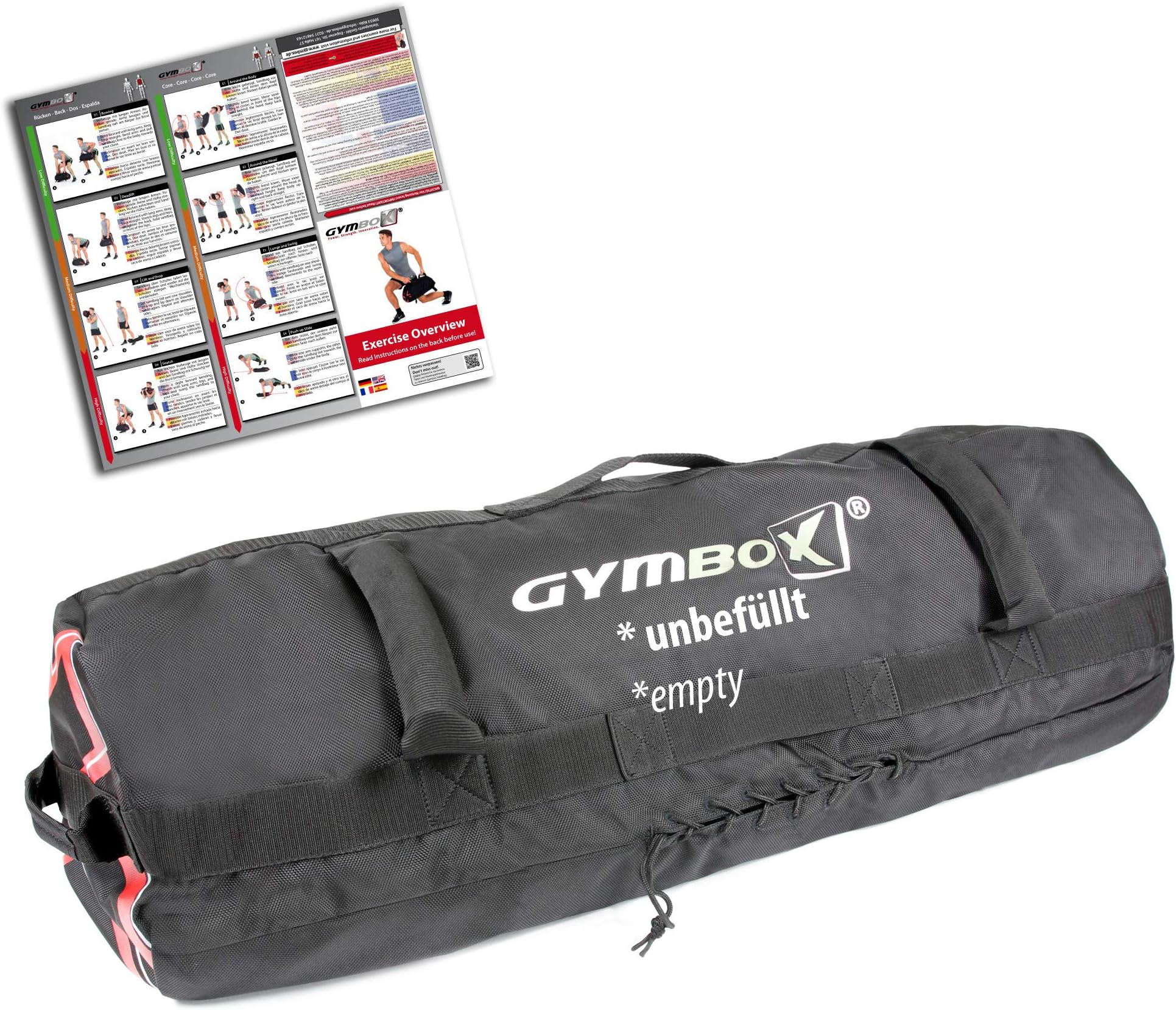 GYMBOX Professional Sandbag Fitness Power Bag Kit for Functional Training Heavy Weight Exercises Lifting Workout Black 25-50kg / 55-110lbs - empty