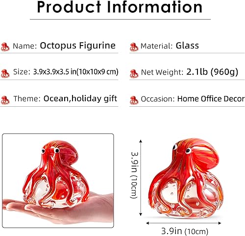 Miniatura 3 de EUSTUMA Adorno de figura de pulpo de vidrio soplado a mano, adorno de animales marinos para acuario de pecera, colección de animales marinos para