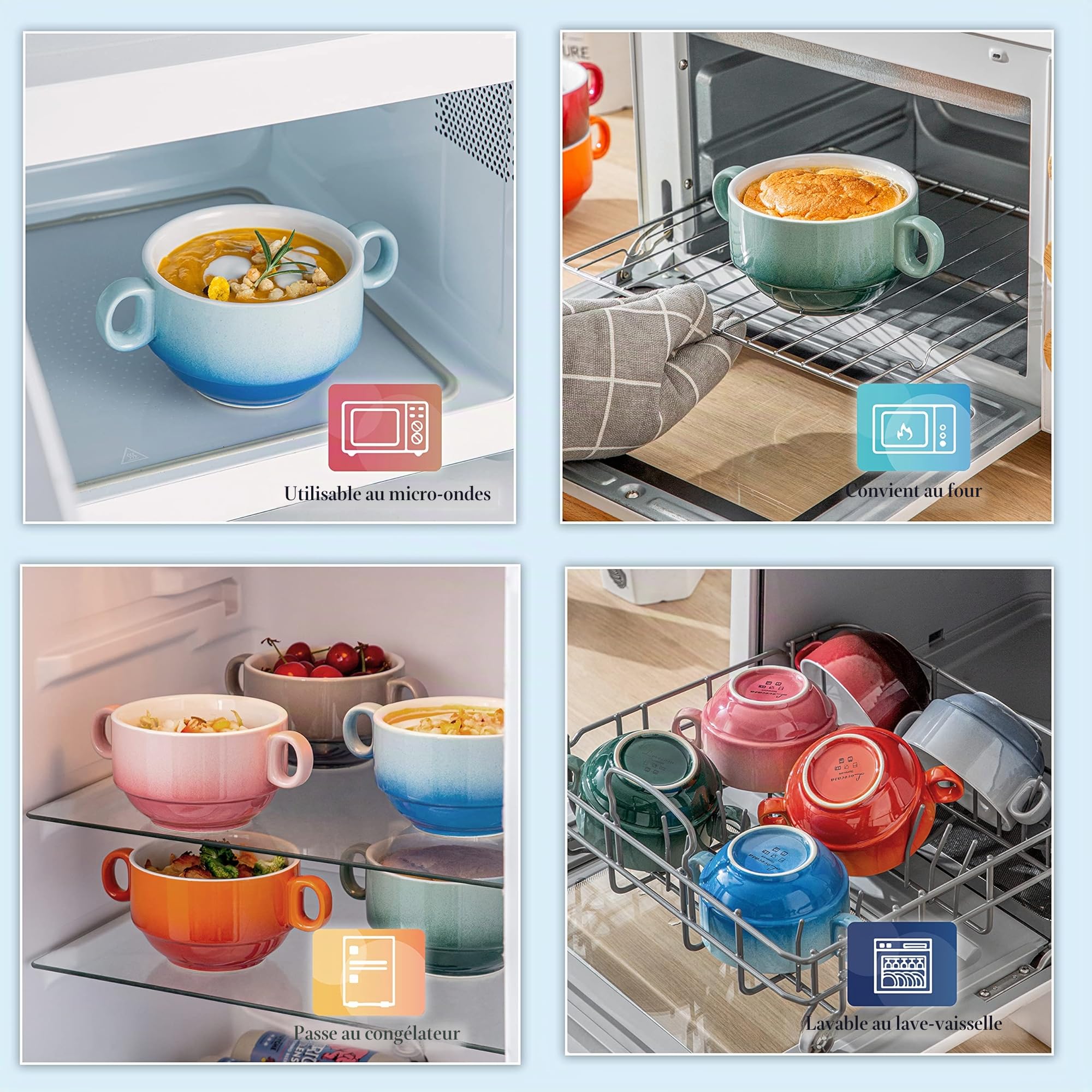 LOVECASA, Tasse à Bouillon avec Anses, 420ml, Bols à Soupe Céréales en Céramique 6 pièces, Passe au Lave-Vaisselle et au Four - Multicouleur