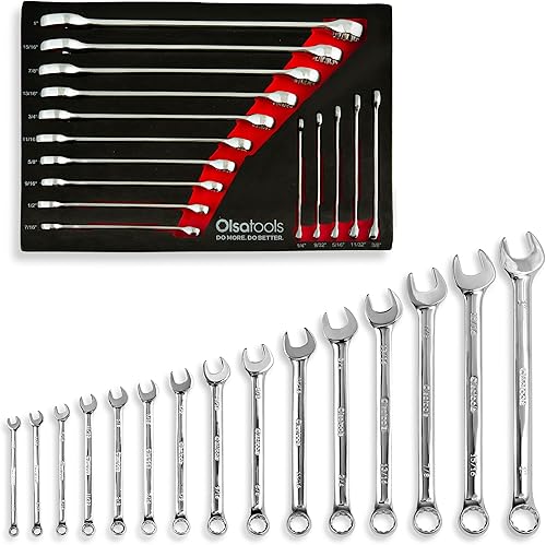 Olsa Tools Juego de llaves combinadas SAE de 15 piezas, acero al cromo vanadio, extremo de caja de precisión de 12 puntos, irrompible