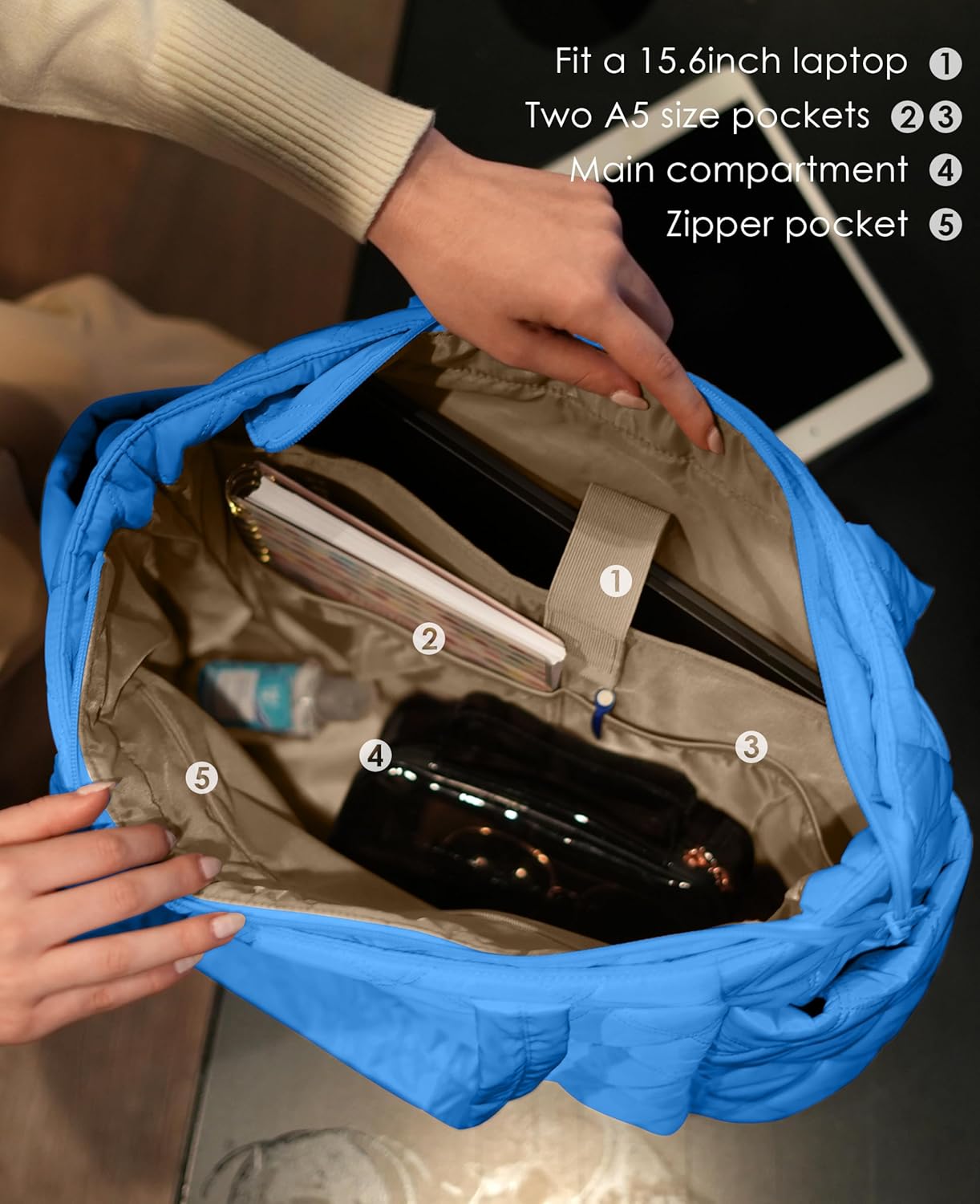 Tote Bag for Women, Lightweight Puffer Tote Work Bags with Compartments for Travel, Quilted Shoulder Bag with Zipper - Image 4