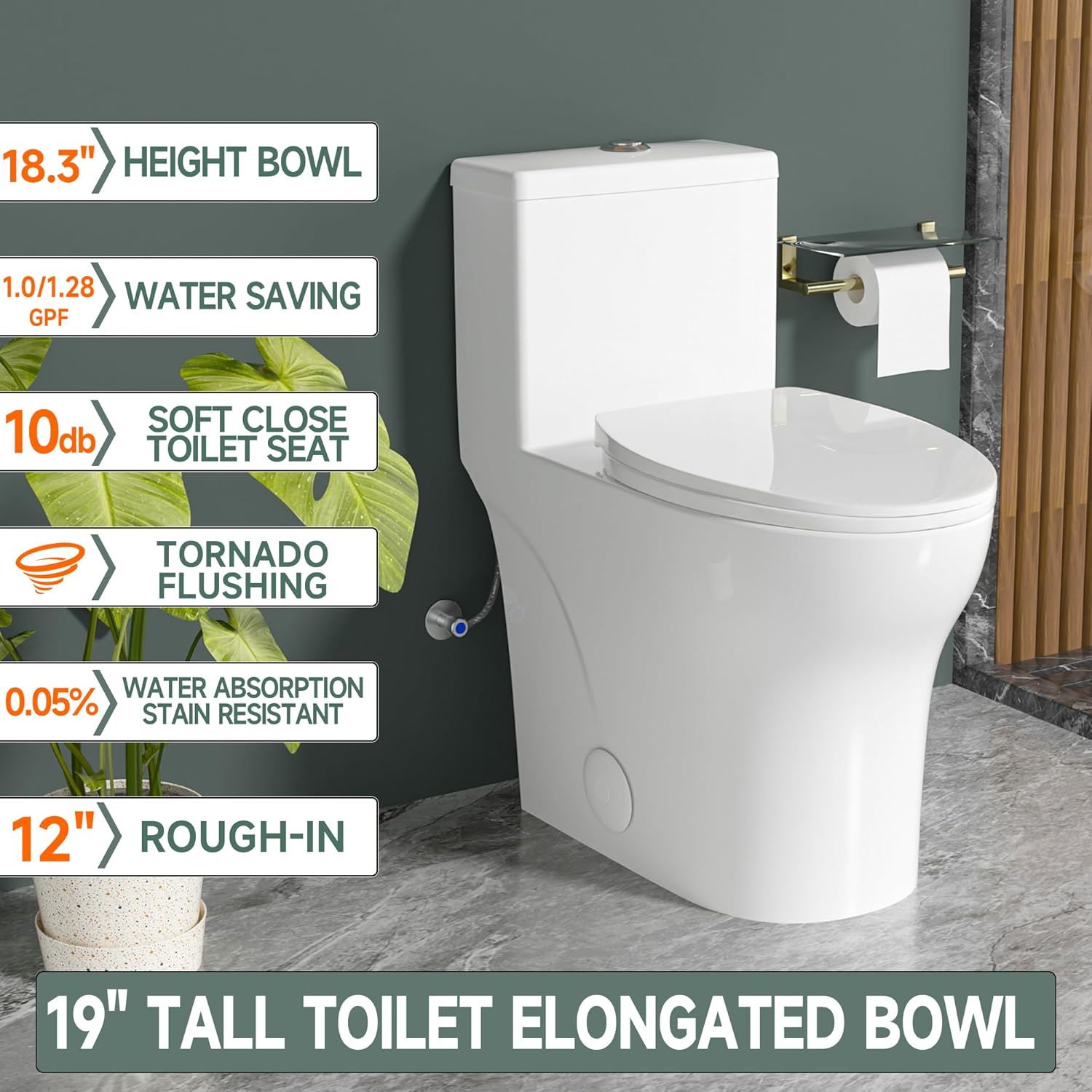 Elongated Modern Tall Toilet 19 Inch for Seniors, Powerful Tornado Flush Skirted High Toilet for Bathroom,One Piece Water Saving Dual Flush 1.0/1.28 GPF,Comfort ADA Bowl Heigh 18.3 Inch, White