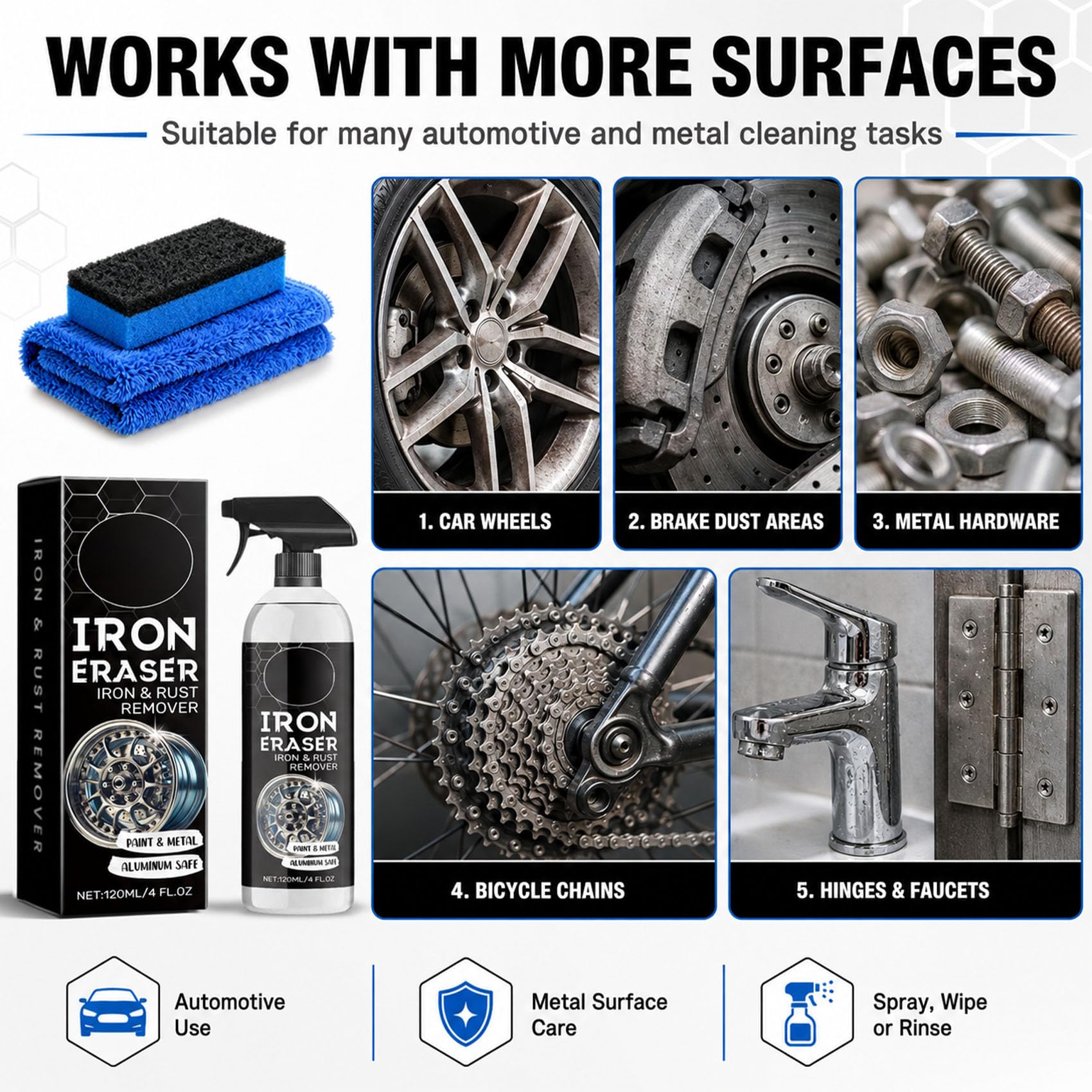Iron Eraser Iron and Rust Remover Spray for Car Wheels, Paint, Brake Dust, and Metal Surface Cleaning, Automotive Care (1pcs)