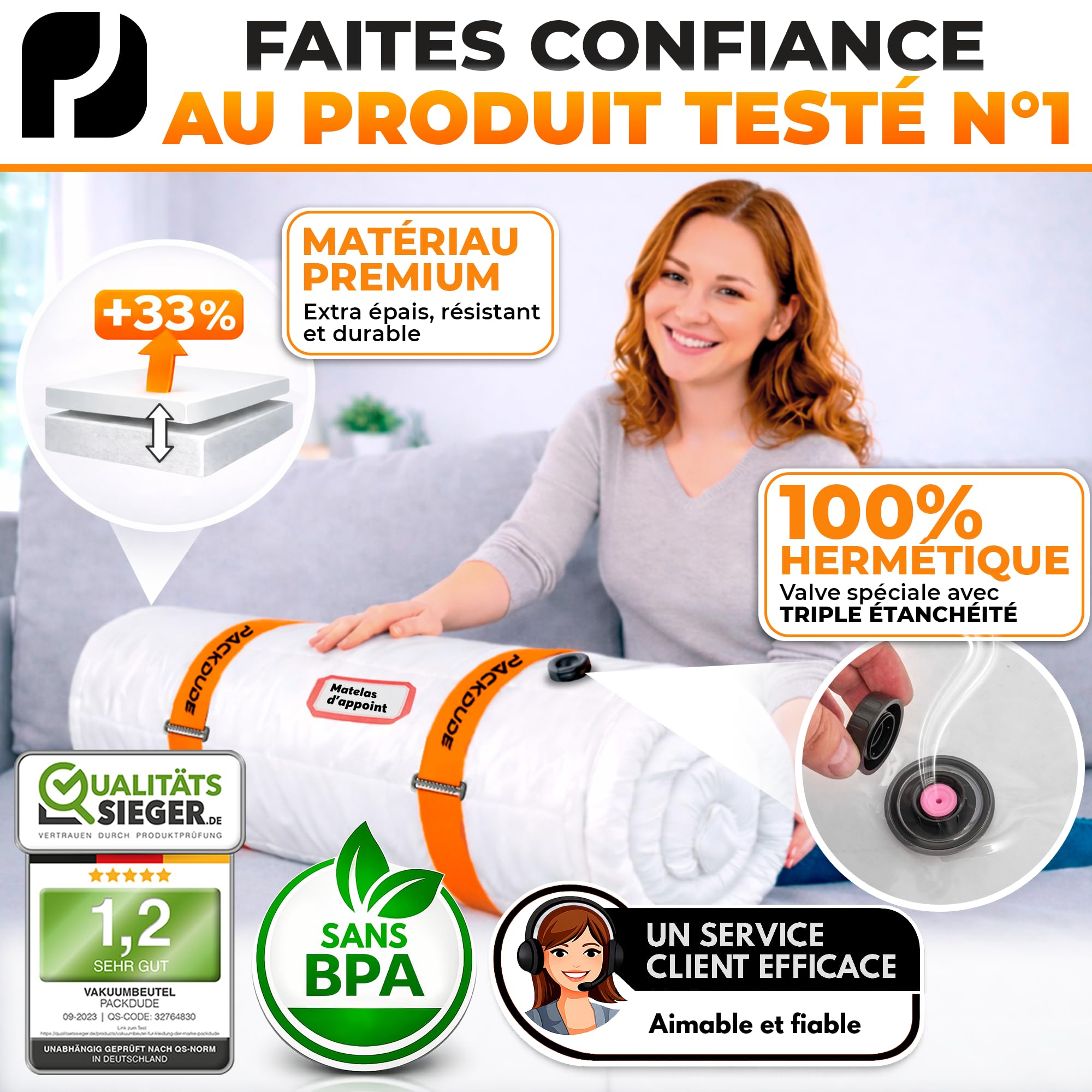 Sacs Sous Vide Matelas Jusqu'à 200x160cm (Taille du sac : 240x200cm) I XXL Sacs Matelas Sous Vide pour Matras en Mousse, Gel et Latex I Mattress Vacuum Bag I 1x Sac avec Sangles de Serrage