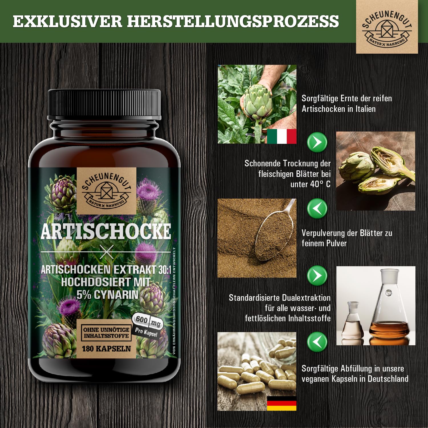 Artischocken Kapseln Hochdosiert 2400mg -WICHTIG: 30:1 Extrakt (=72000mg reine Artischocke je Tagesdosis) +5% Cynarin -Artischockenextrakt- Artischocken Kapseln DE SCHEUNENGUT®