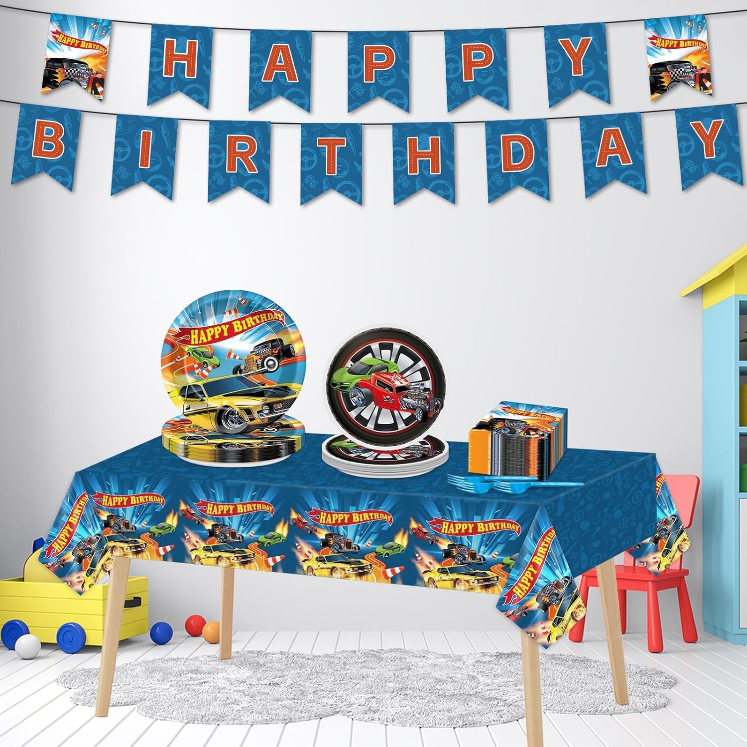 98Pcs Race Car Birthday Party Supplies Hot Car Paper Plates and Napkins Rectangle Plastic Tablecloth Banner Racing Cars Disposable Tableware Set for Boys Kids Birthday Party Decorations Serves 24