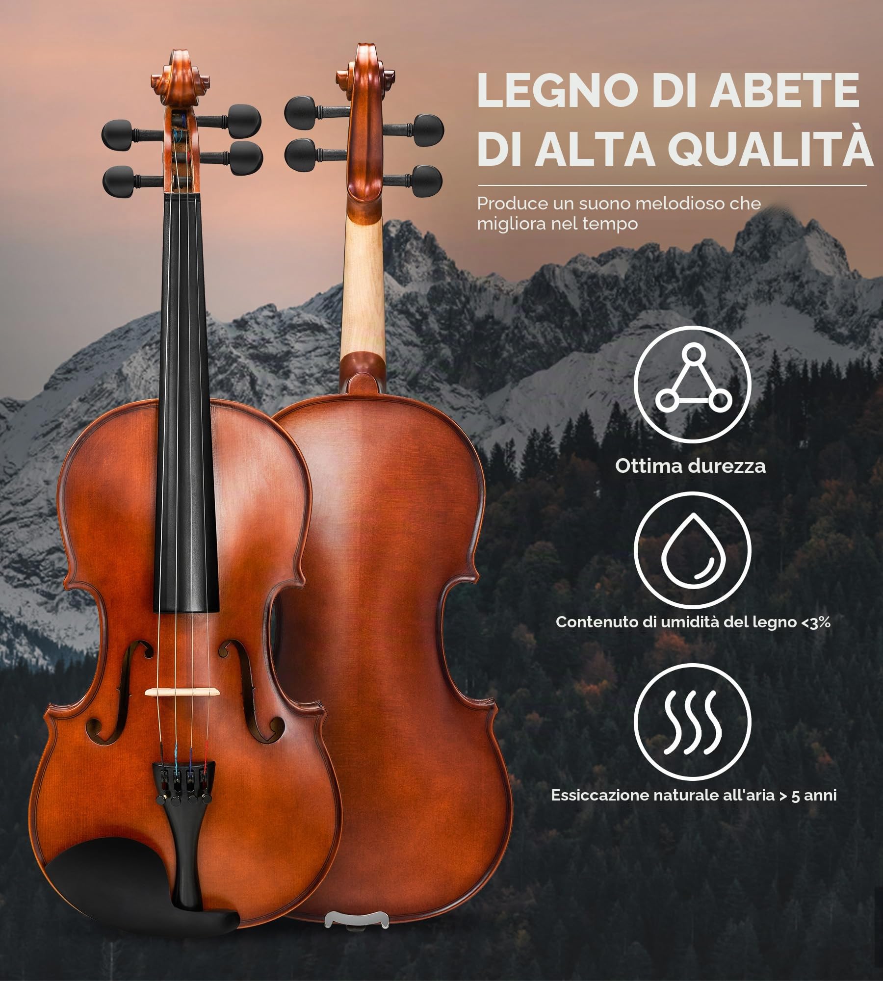 Vangoa Violino 4/4 Concerto con Custodia, Spalliera, Colofonia e Corde per Violino per Principianti Adulti o Bambini, Naturale
