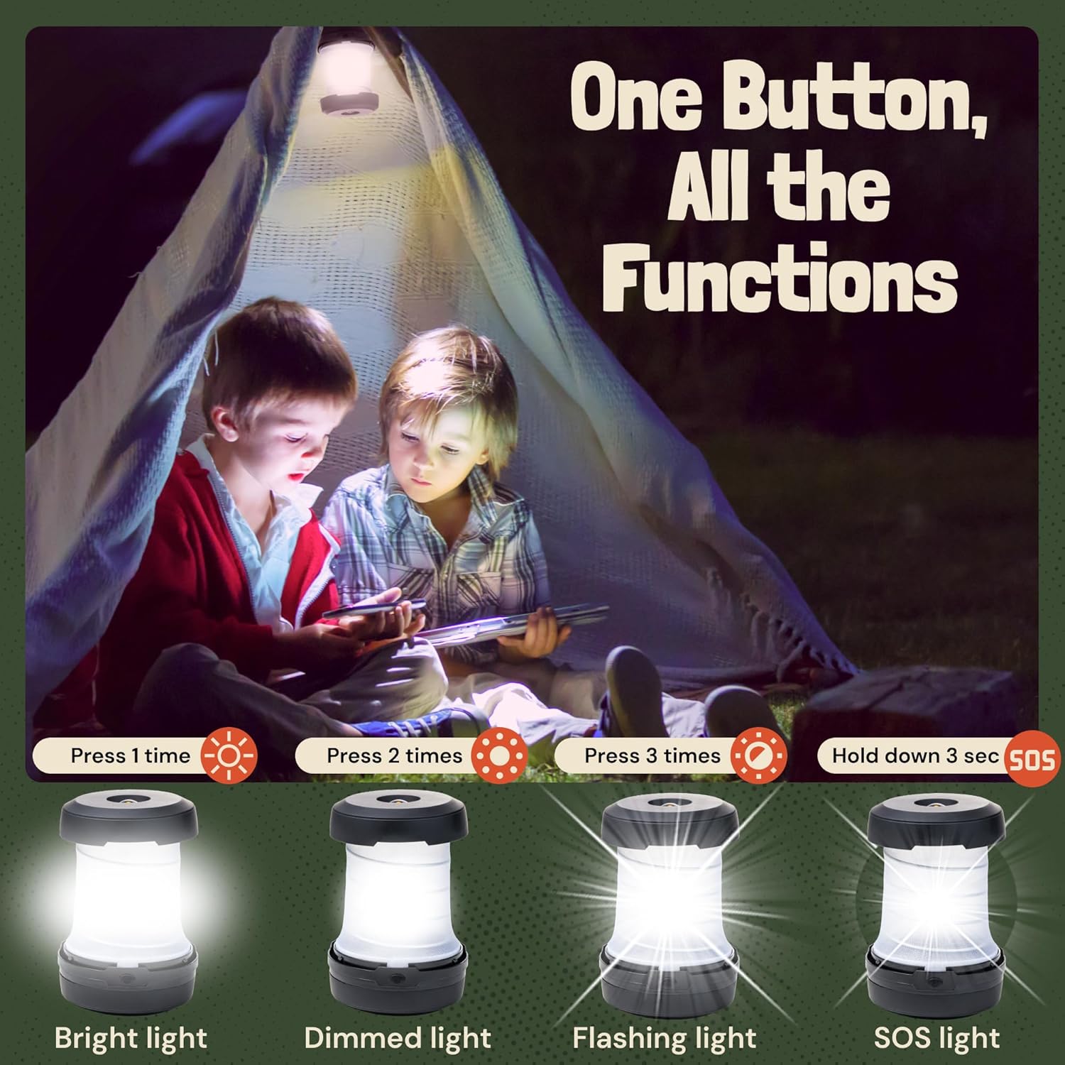Egoz Compact Collapsible LED Camping Lantern - Battery Powered Pop-Up Tent Light with Emergency Hand Crank and Hanging Hook - Portable Gear for Power Outages, Backpacking, and Survival Kits - Black